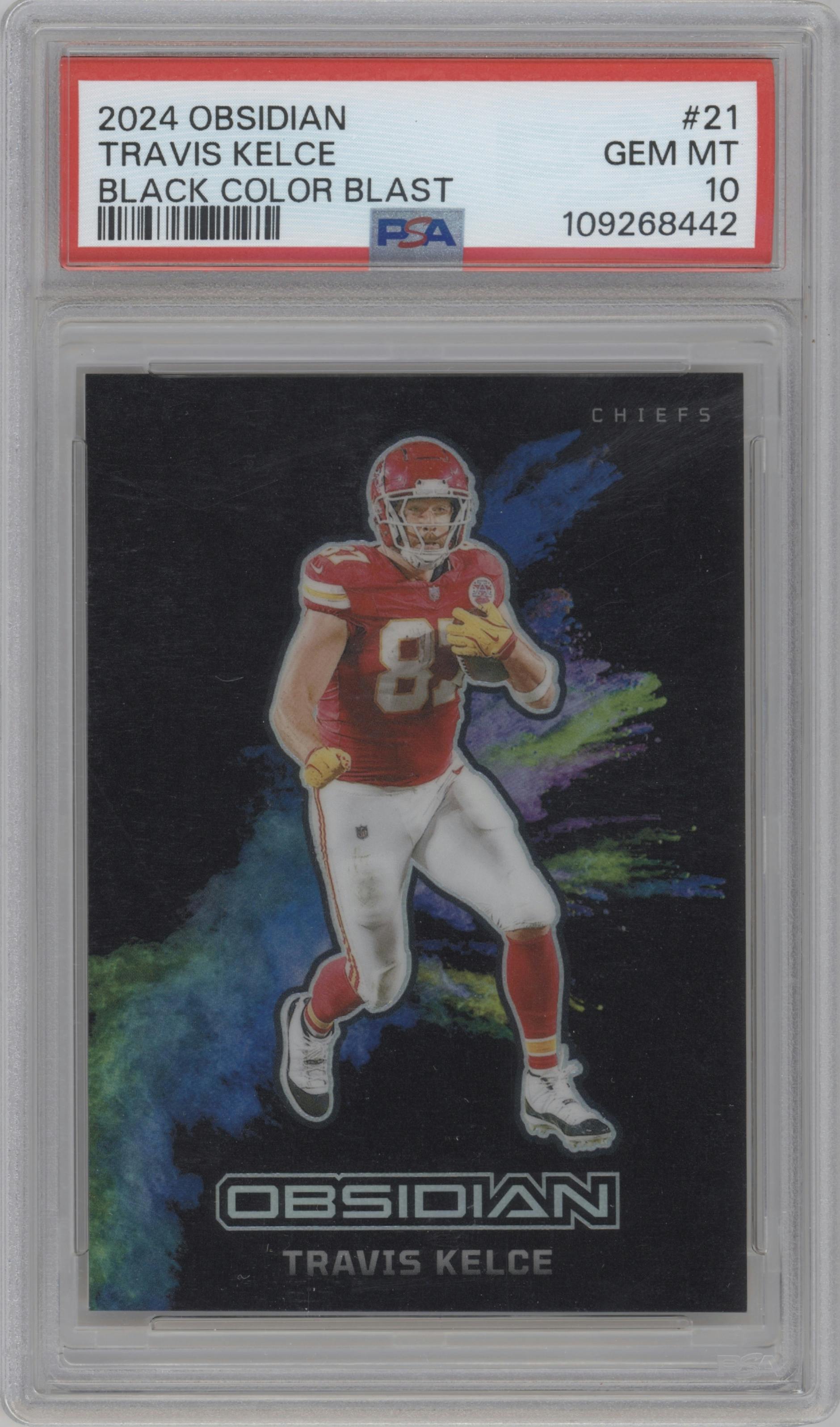 Travis Kelce from the 2024 Panini Obsidian set graded by PSA and given an overall grade of 10.