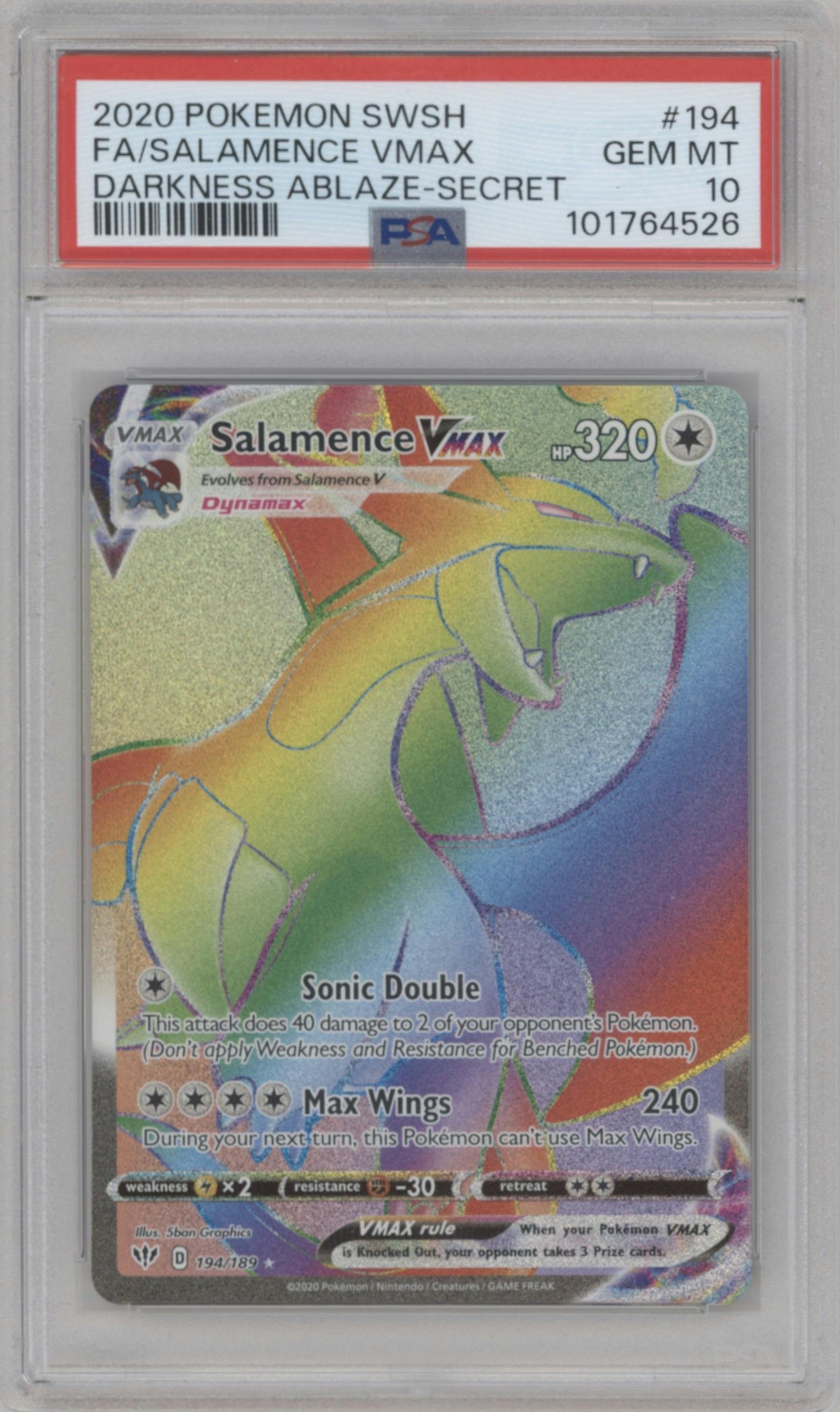 Salamence VMAX from the 2020 Pokemon SWSH set graded by PSA and given an overall grade of 10.