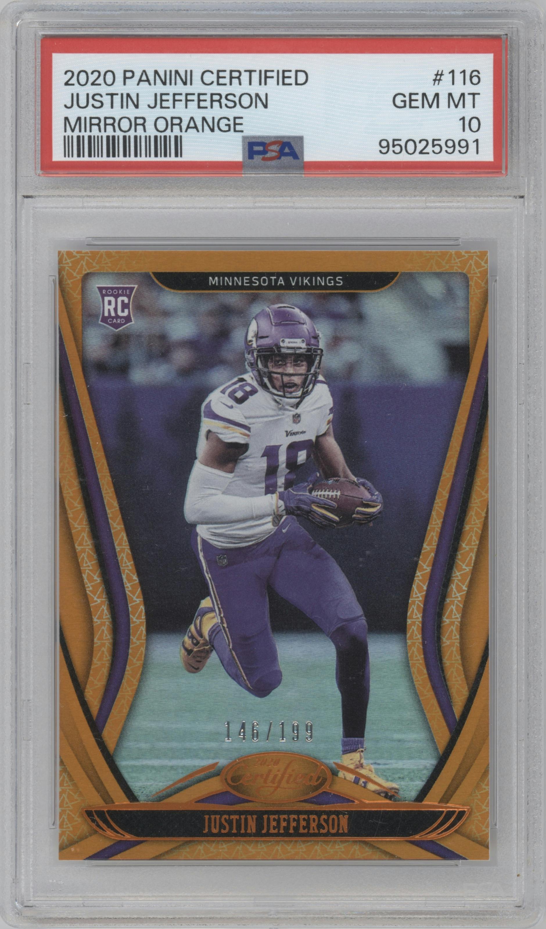 Justin Jefferson from the 2020 Panini Certified set featuring a Mirror Orange parallel graded by PSA and given an overall grade of 10.