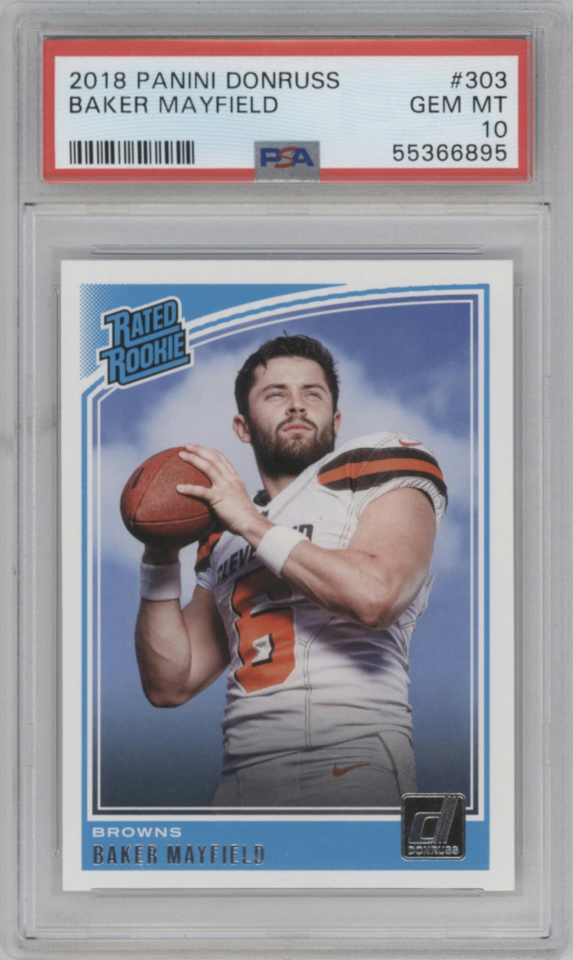 Baker Mayfield from the 2018 Panini Donruss set graded by PSA and given an overall grade of 10.