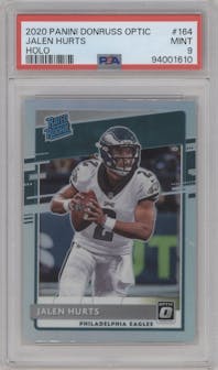 Jalen Hurts from the 2020 Panini Donruss Optic set featuring a Holo parallel graded by PSA and given an overall grade of 9.