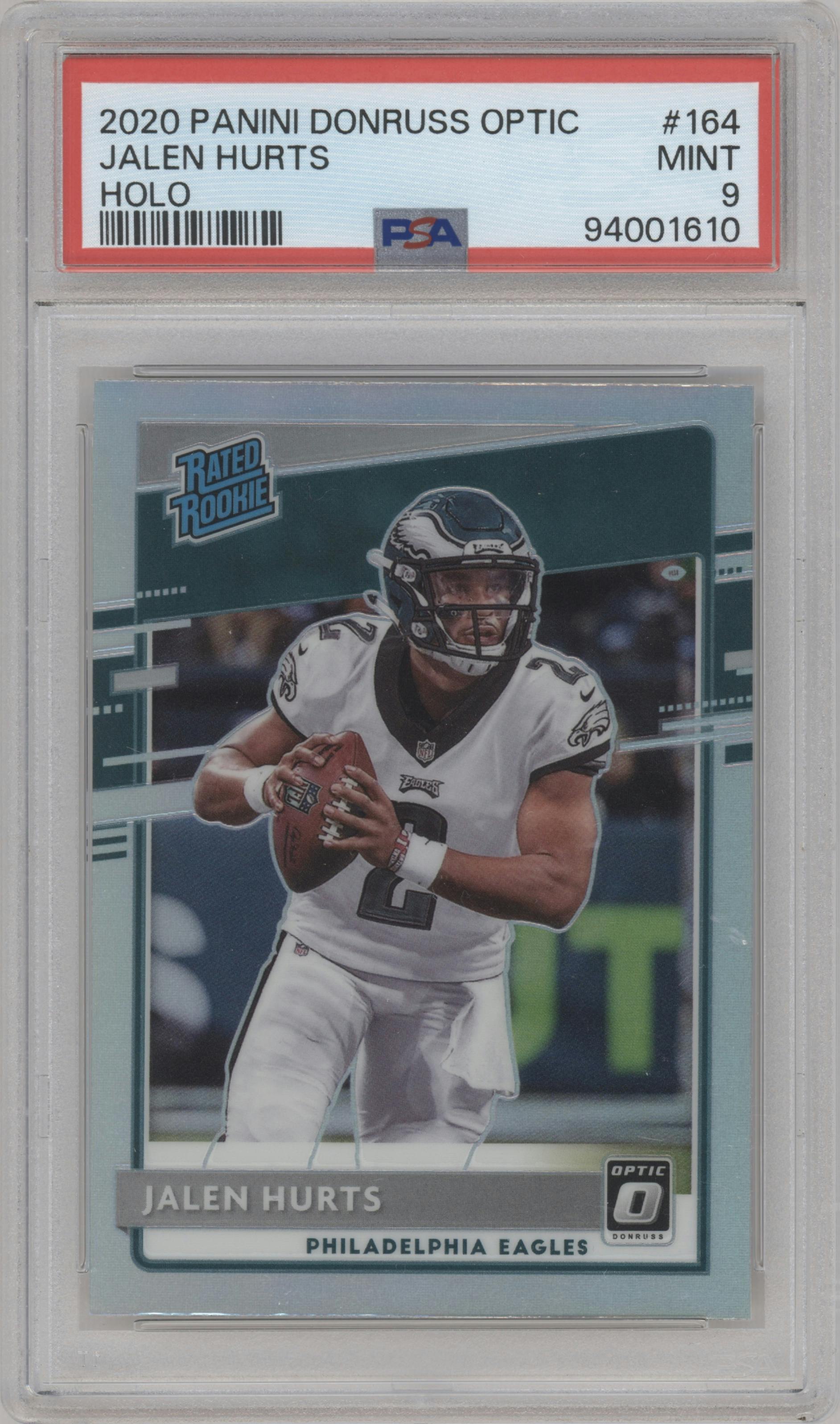 Jalen Hurts from the 2020 Panini Donruss Optic set featuring a Holo parallel graded by PSA and given an overall grade of 9.