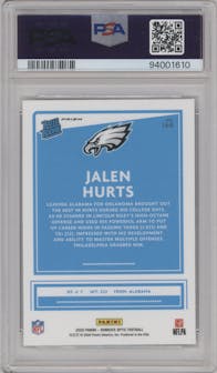 Jalen Hurts from the 2020 Panini Donruss Optic set featuring a Holo parallel graded by PSA and given an overall grade of 9.