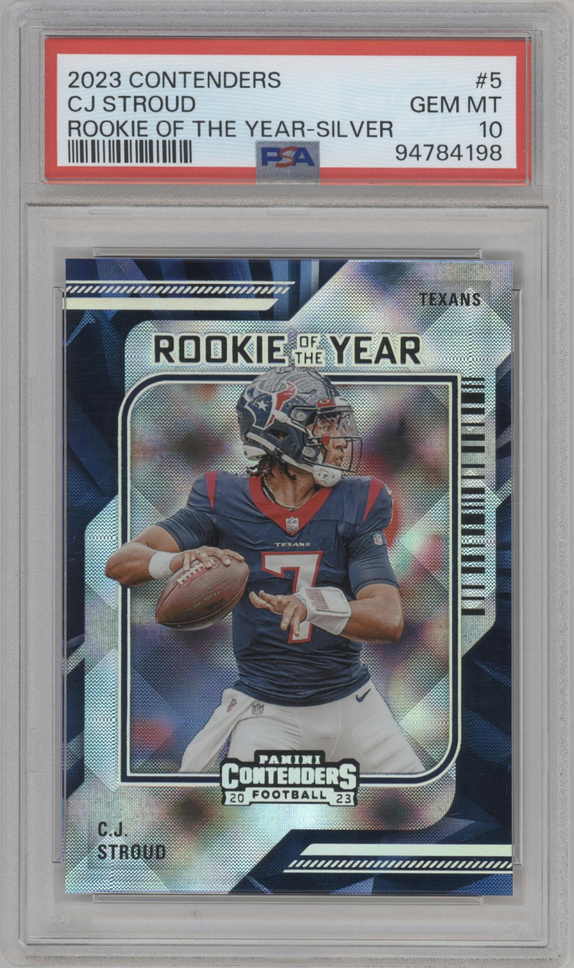 C.J. Stroud from the 2023 Panini Contenders set featuring a Silver parallel graded by PSA and given an overall grade of 10.