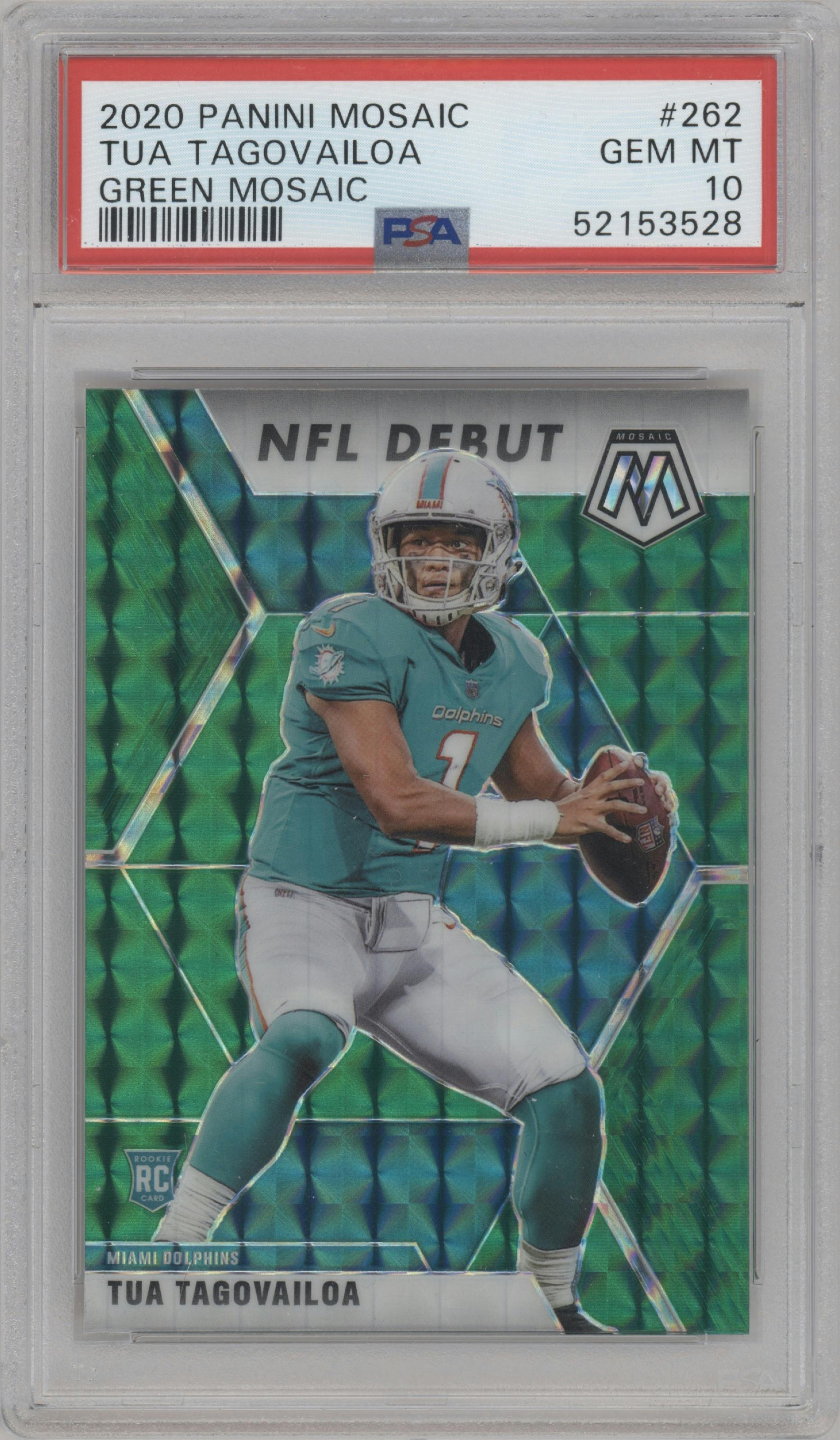 Tua Tagovailoa from the 2020 Panini Mosaic set featuring a Green Mosaic parallel graded by PSA and given an overall grade of 10.