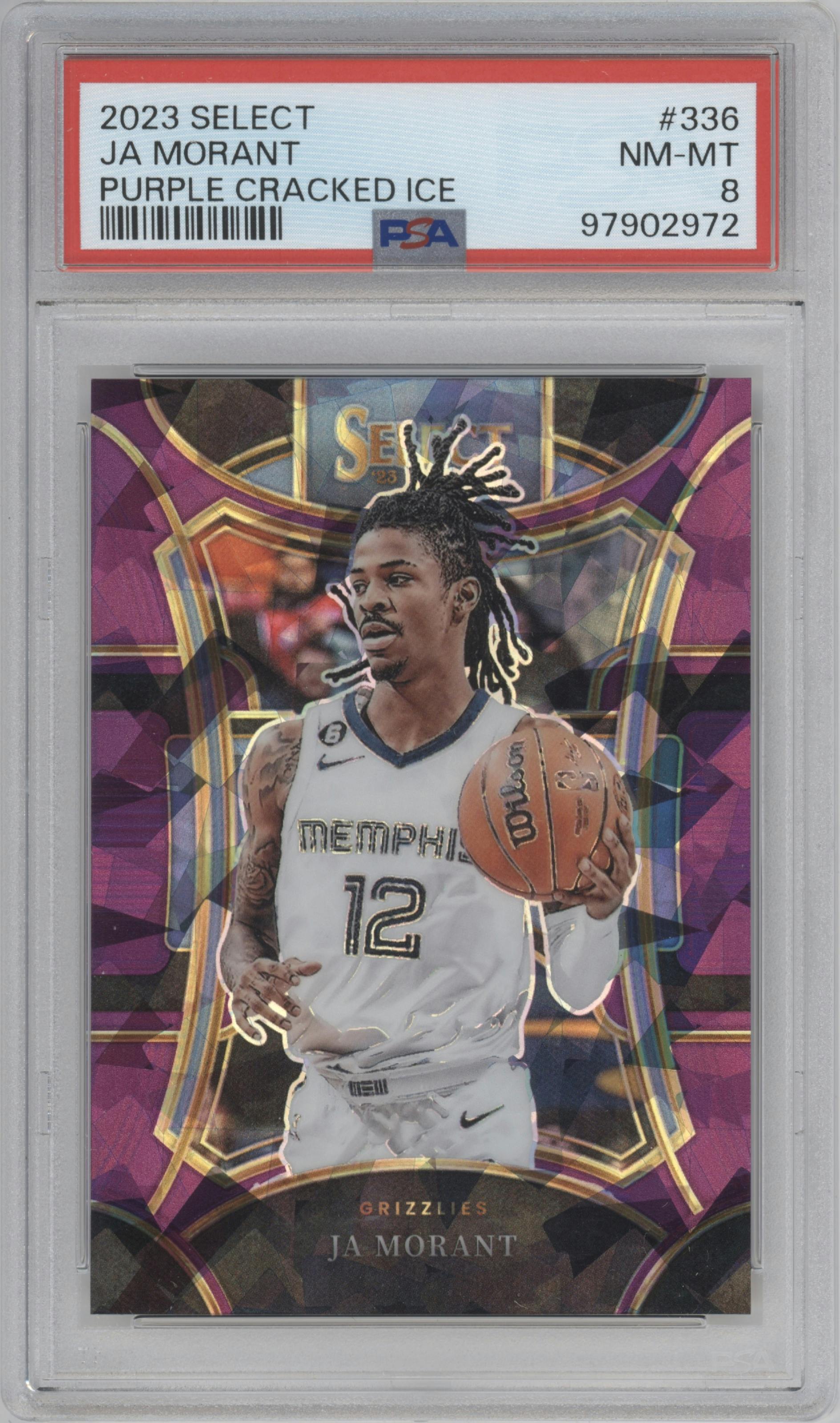 Ja Morant from the 2023-24 Panini Select  set featuring a Purple Cracked Ice parallel graded by PSA and given an overall grade of 8.