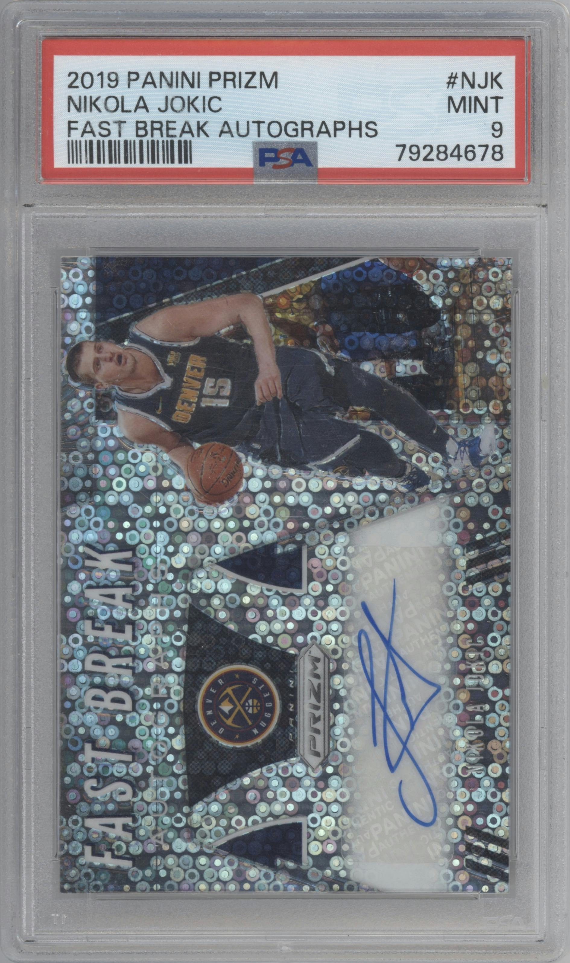 Nikola Jokic from the 2019-20 Panini Prizm set graded by PSA and given an overall grade of 9.