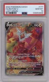 Rotom V from the 2022 Pokemon SWSH set graded by PSA and given an overall grade of 10.