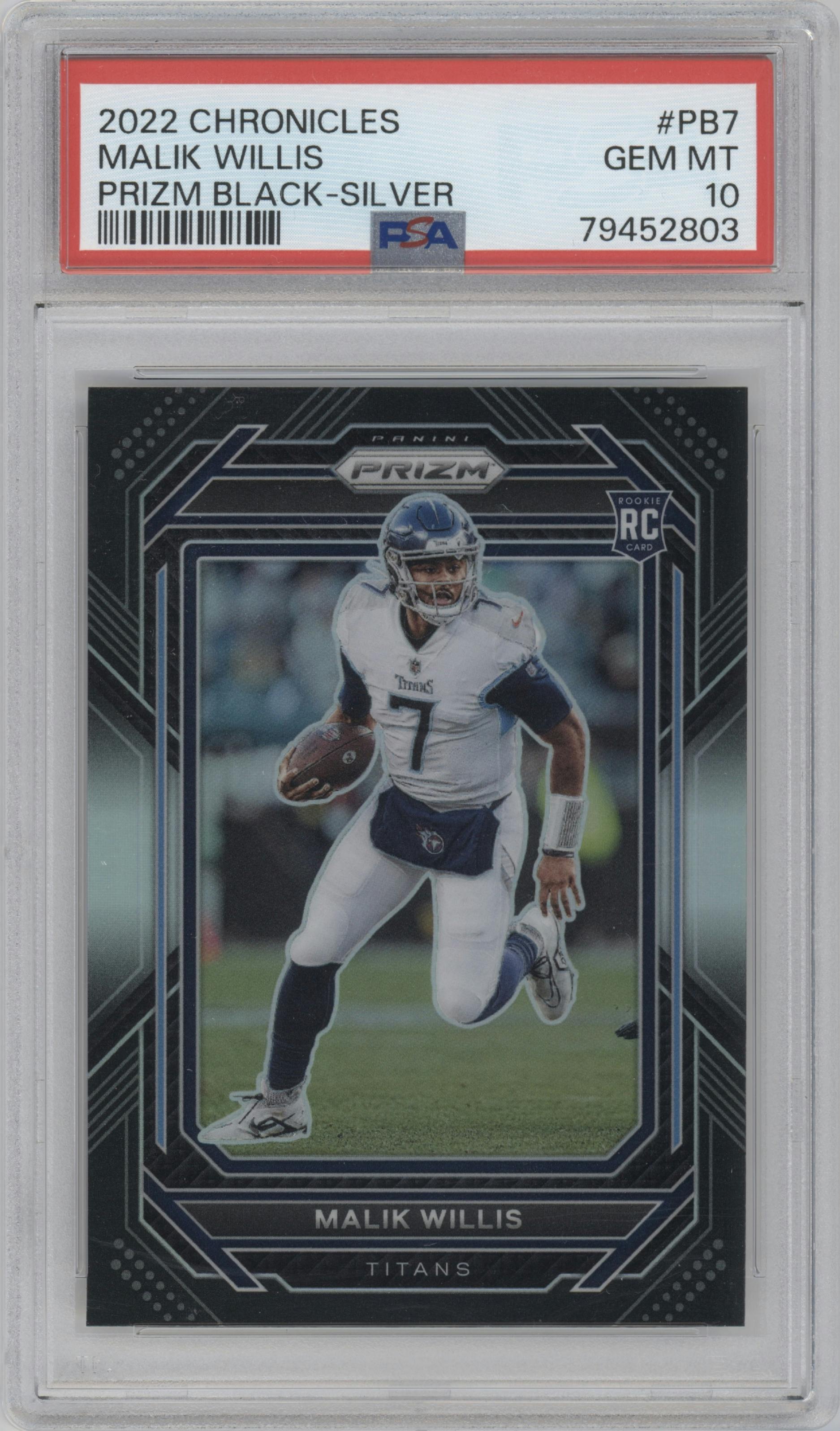 Malik Willis from the 2022 Panini Chronicles set featuring a Silver parallel graded by PSA and given an overall grade of 10.
