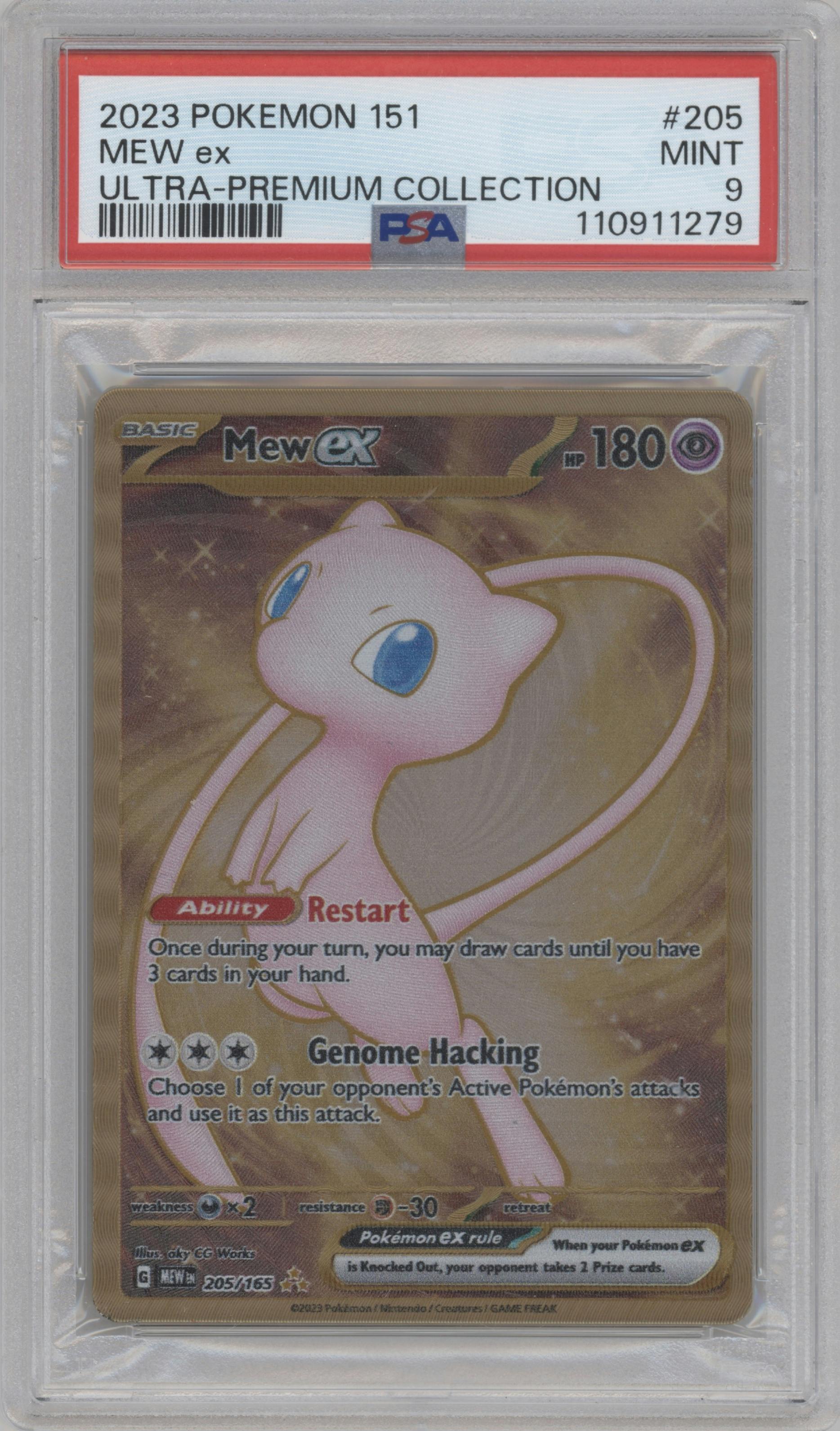Mew ex from the 2023 Pokemon SV set featuring a Ultra-Premium Collection parallel graded by PSA and given an overall grade of 9.