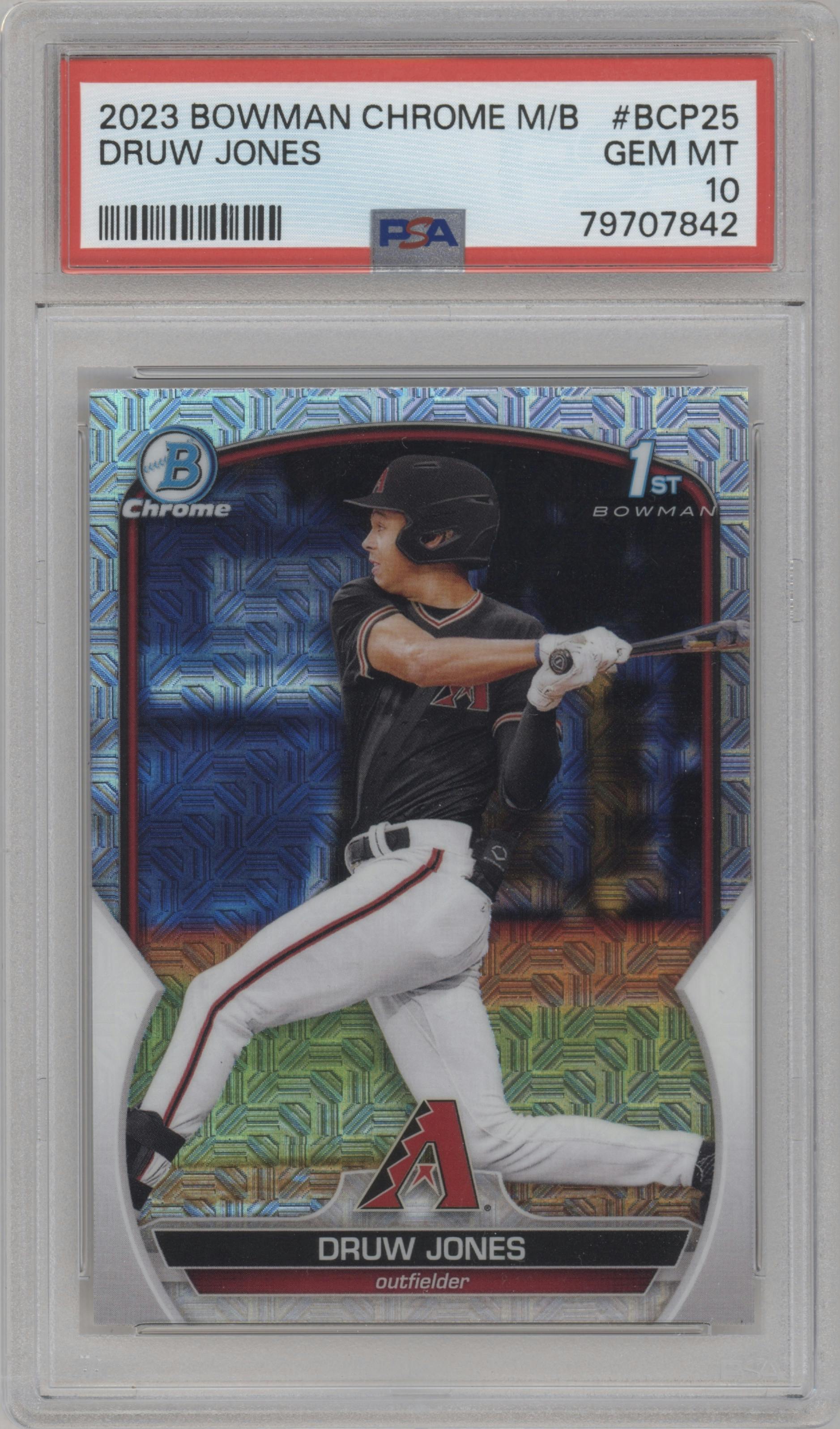 Druw Jones from the 2023 Bowman Mega Box set graded by PSA and given an overall grade of 10.