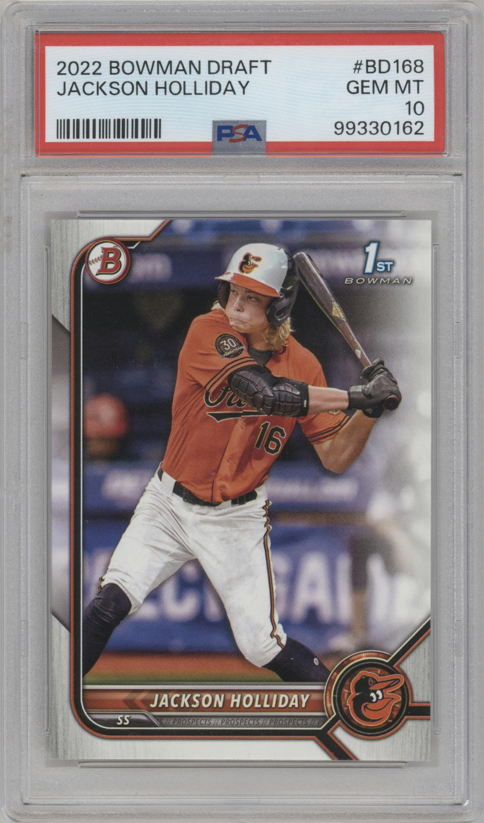 Jackson Holliday from the 2022 Bowman Draft set graded by PSA and given an overall grade of 10.