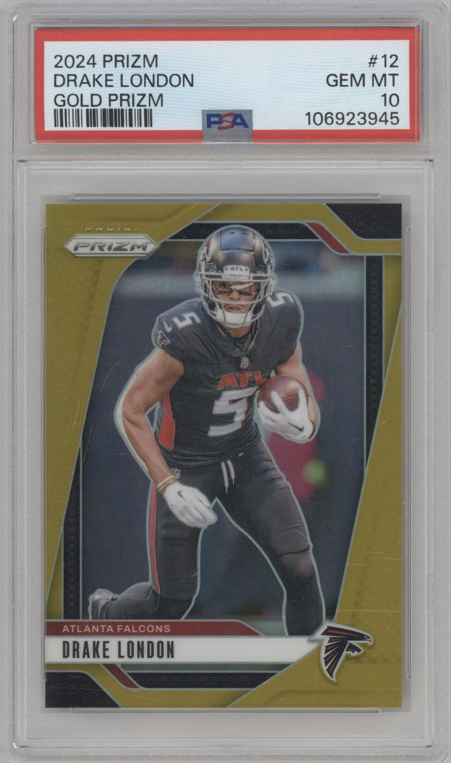 Drake London from the 2024 Panini Prizm set featuring a Gold Prizm parallel graded by PSA and given an overall grade of 10.