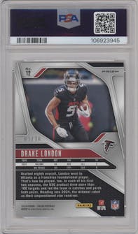 Drake London from the 2024 Panini Prizm set featuring a Gold Prizm parallel graded by PSA and given an overall grade of 10.