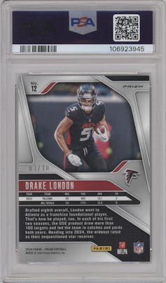 Drake London from the 2024 Panini Prizm set featuring a Gold Prizm parallel graded by PSA and given an overall grade of 10.