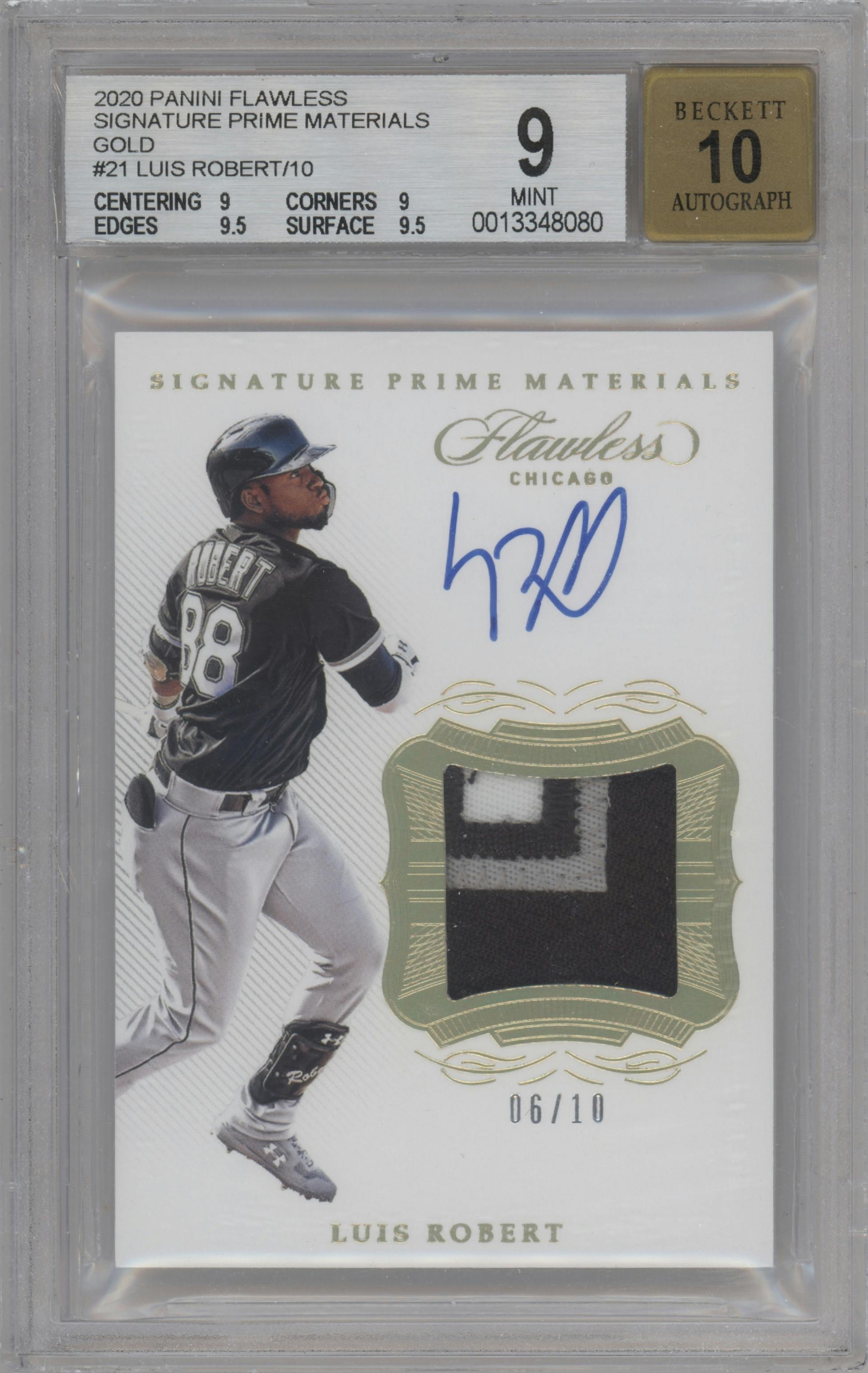 Luis Robert from the 2020 Panini Flawless set featuring a Gold parallel graded by Beckett and given an overall grade of 9.