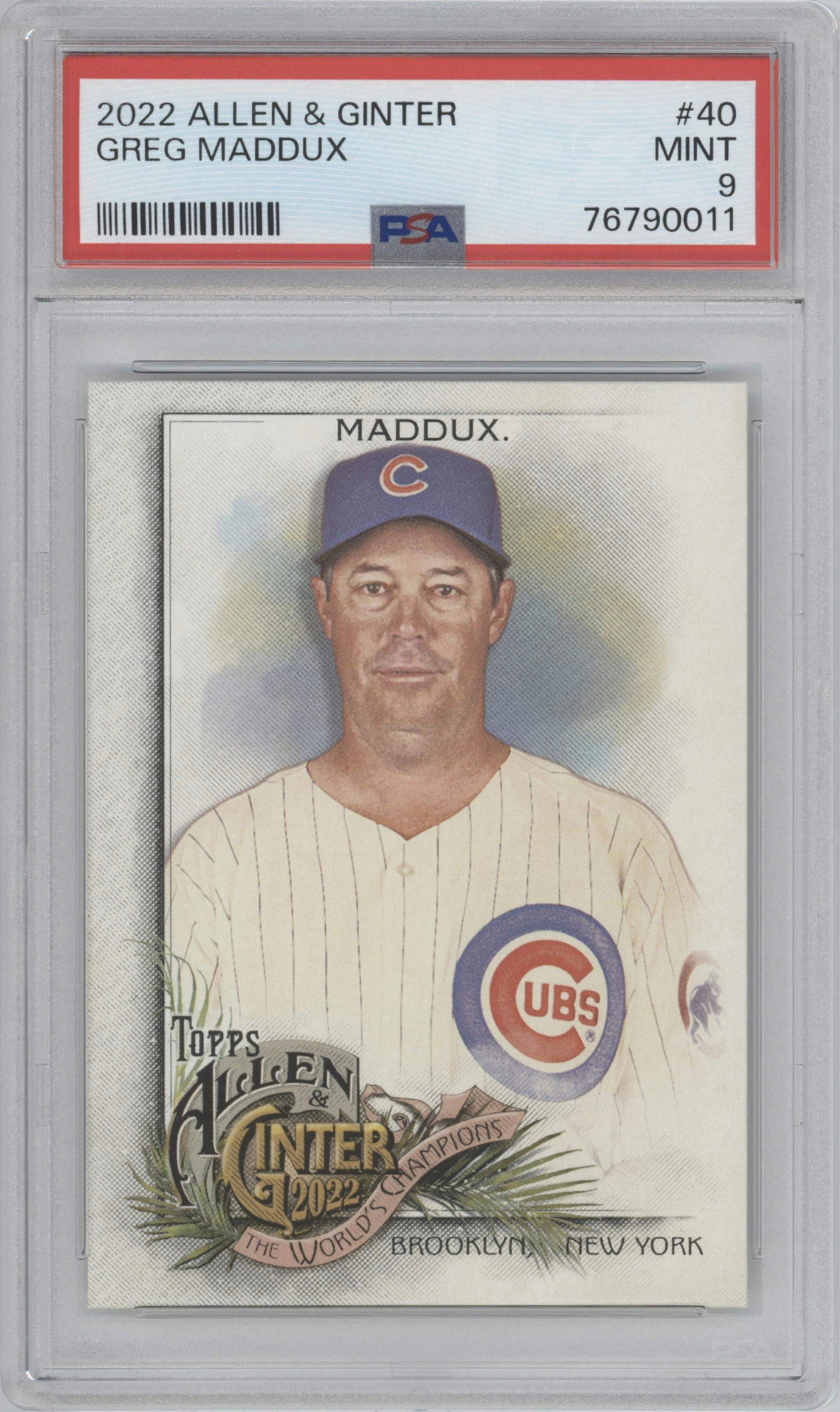 Greg Maddux from the 2022 Topps Allen & Ginter set graded by PSA and given an overall grade of 9.