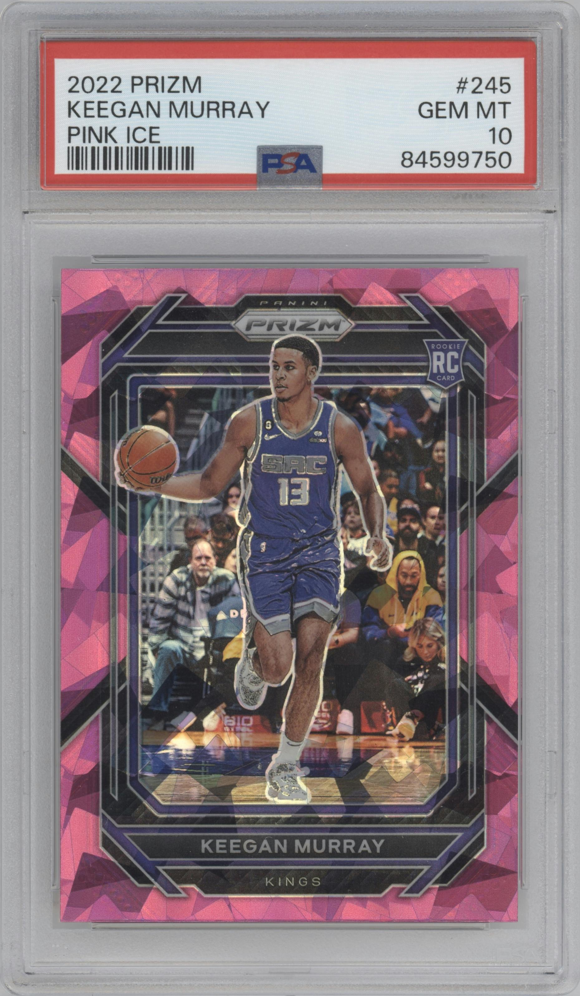 Keegan Murray from the 2022-23 Panini Prizm  set featuring a Pink Ice parallel graded by PSA and given an overall grade of 10.