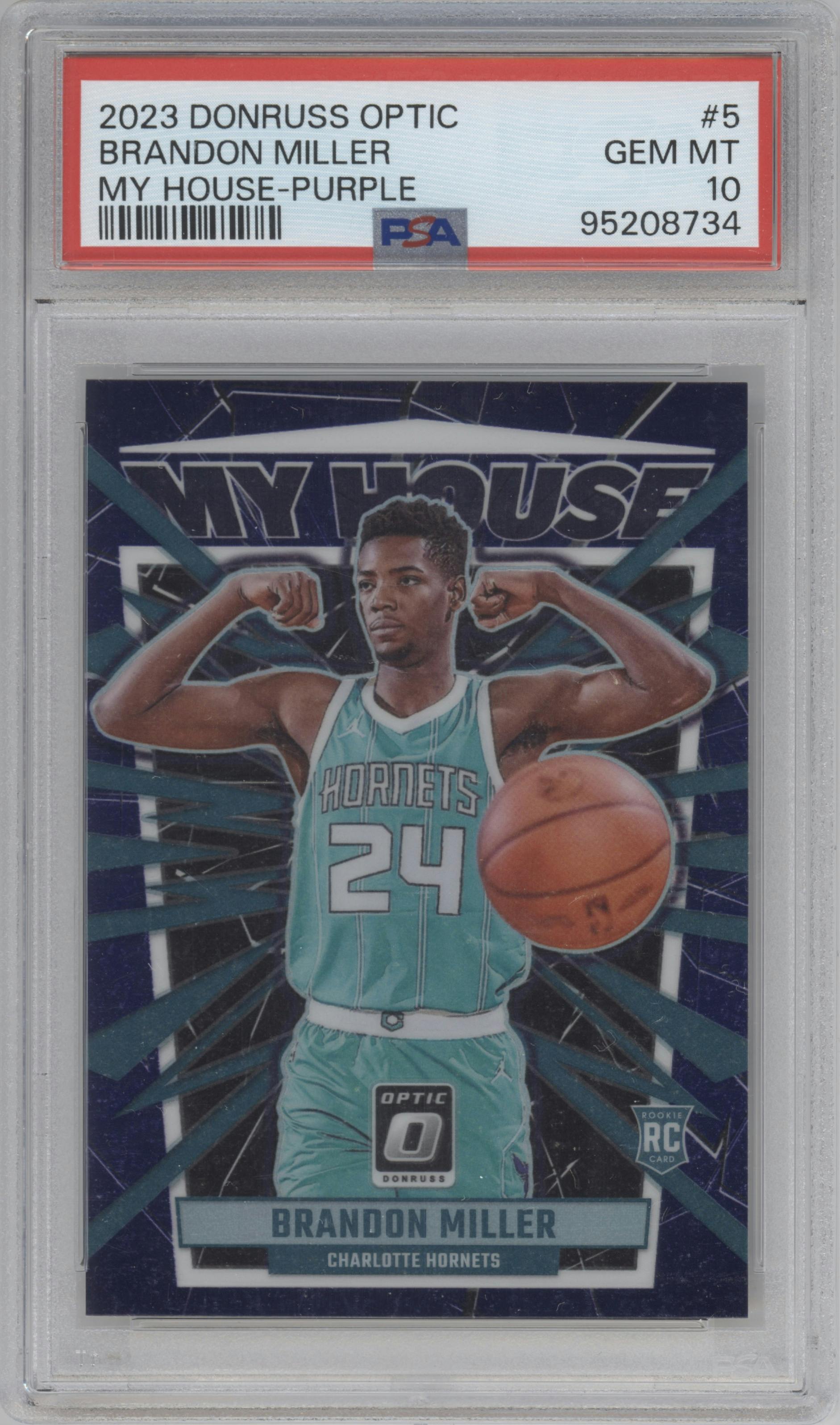 Brandon Miller from the 2023-24 Donruss Optic set featuring a Purple parallel graded by PSA and given an overall grade of 10.