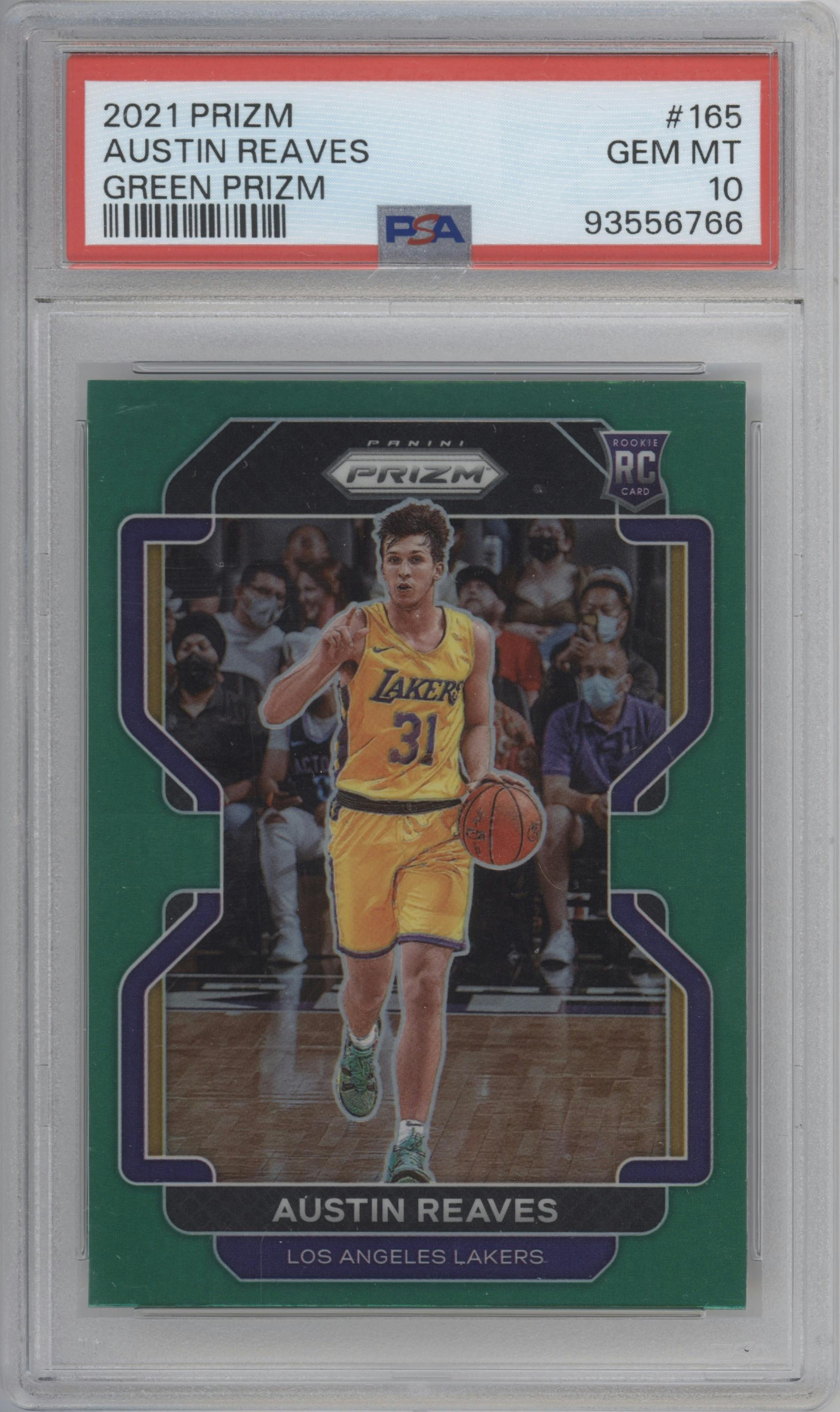 Austin Reaves from the 2021-22 Panini Prizm  set featuring a Green Prizm parallel graded by PSA and given an overall grade of 10.