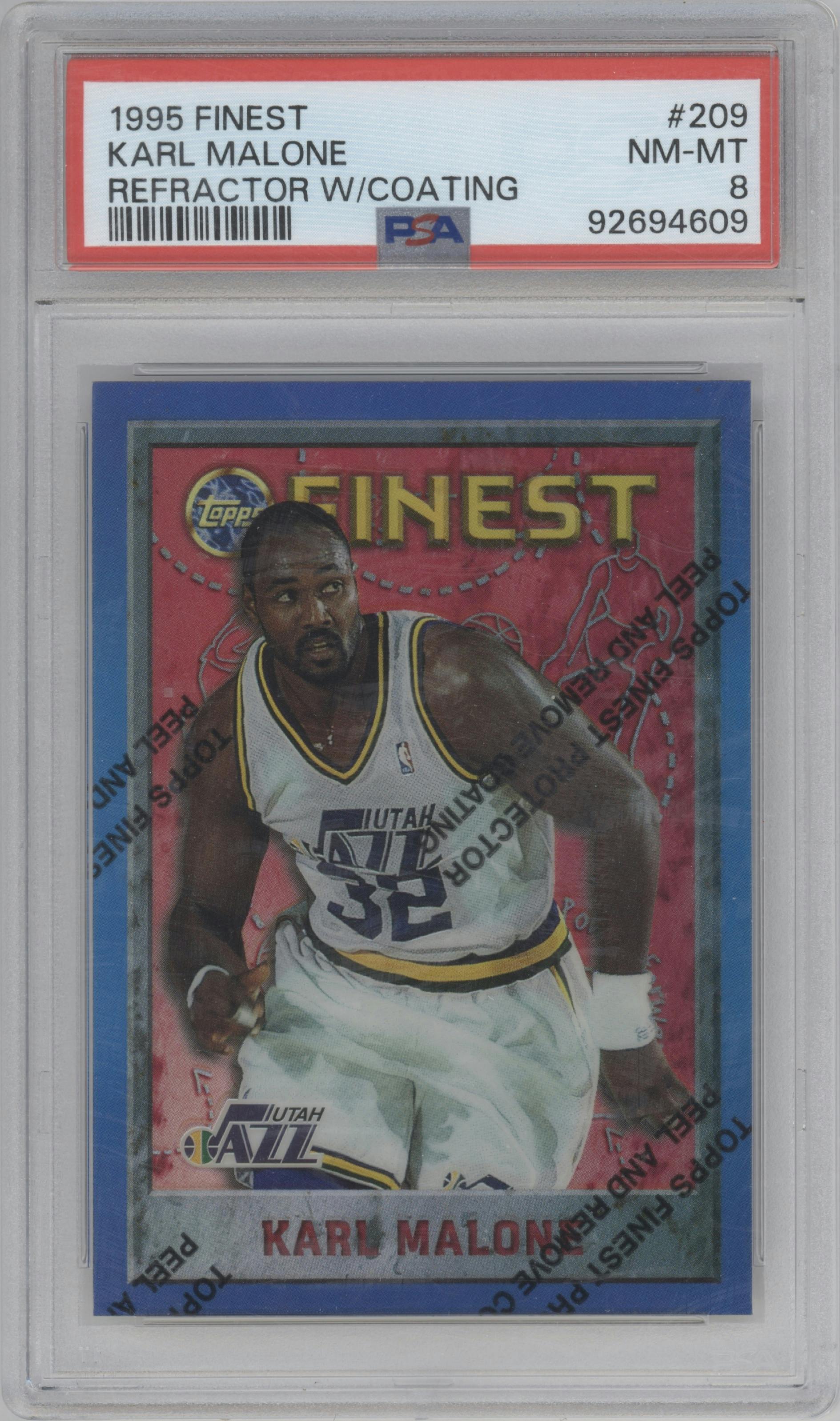 Karl Malone from the 1995-96 Topps Finest set featuring a Refractor W/ Coating parallel graded by PSA and given an overall grade of 8.
