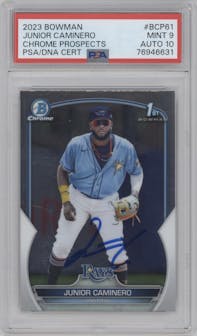 Junior Caminero from the 2023 Bowman  set graded by PSA and given an overall grade of 9.