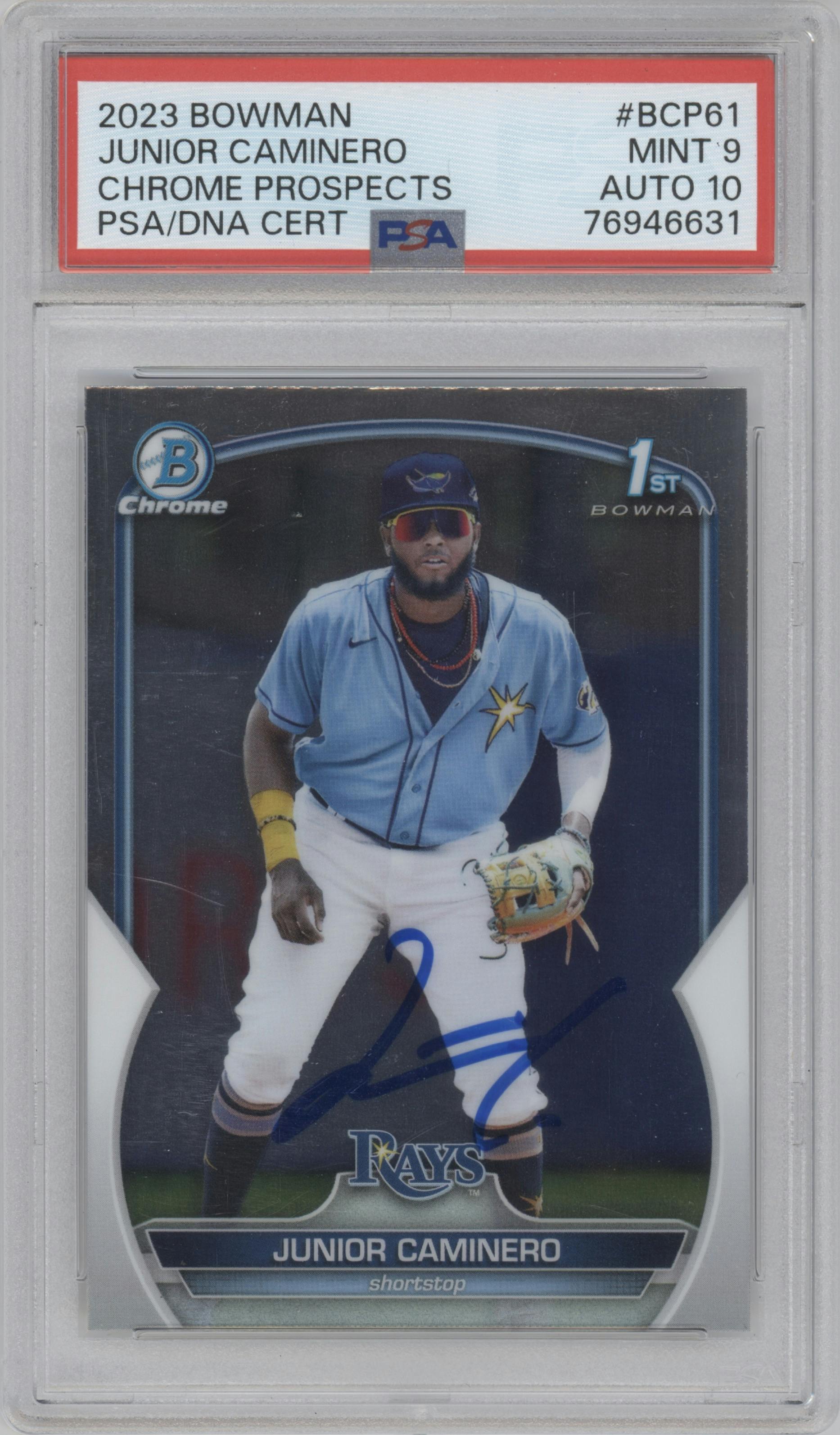 Junior Caminero from the 2023 Bowman  set graded by PSA and given an overall grade of 9.