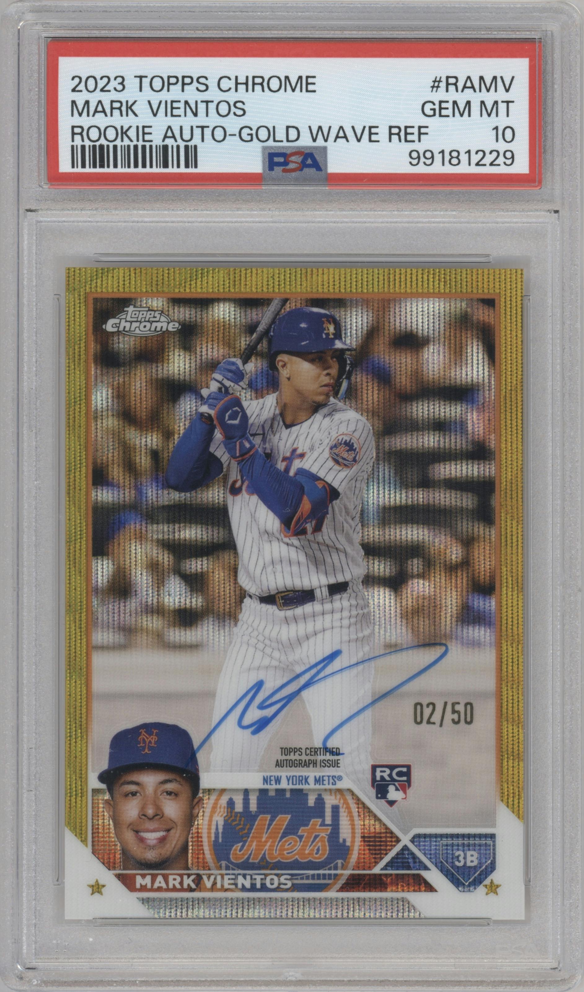 Mark Vientos from the 2023 Topps Chrome set featuring a Gold Wave Refractor parallel graded by PSA and given an overall grade of 10.
