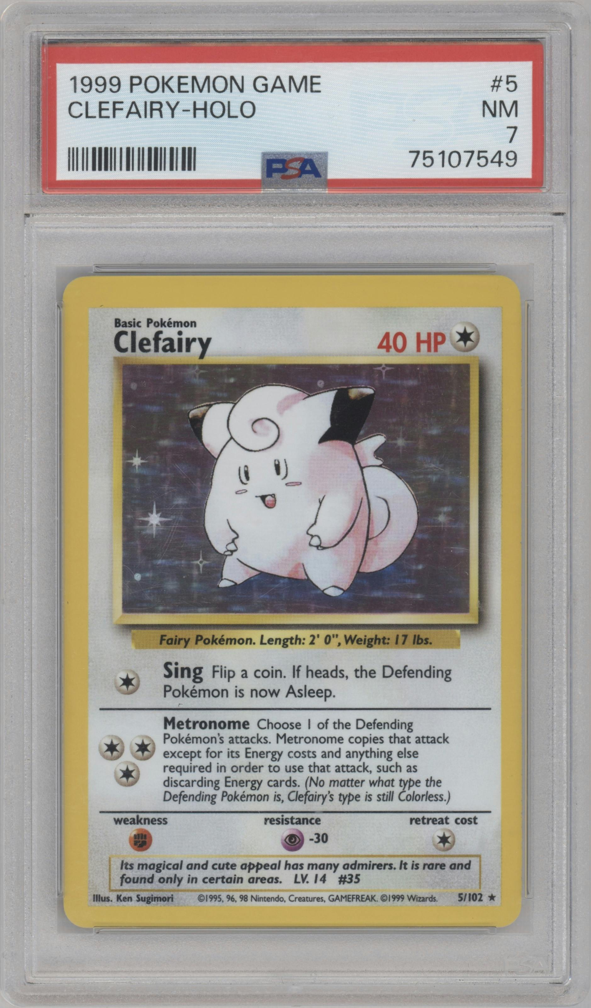 Clefairy from the 1999 Pokemon set graded by PSA and given an overall grade of 7.