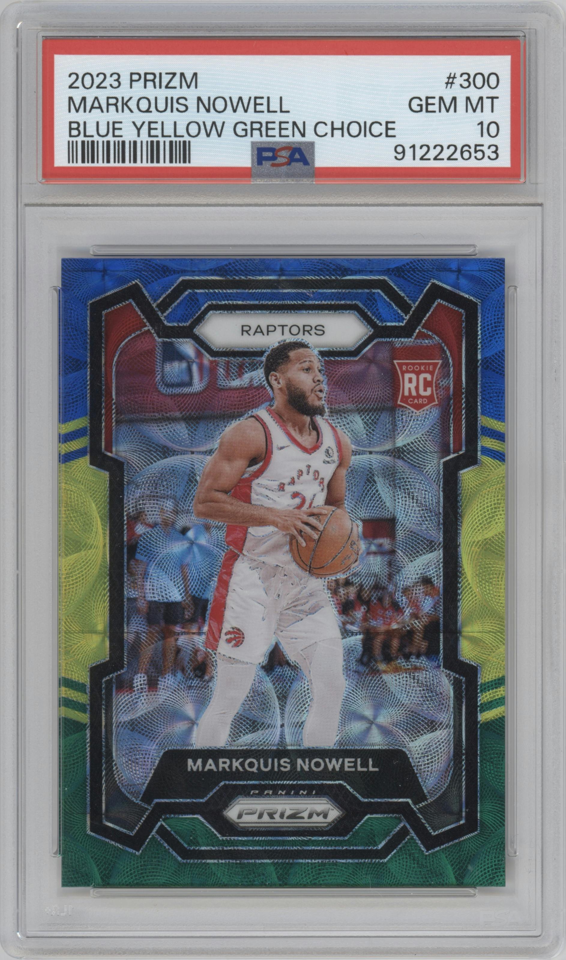Markquis Nowell from the 2023-24 Panini Prizm set featuring a Choice BYG parallel graded by PSA and given an overall grade of 10.