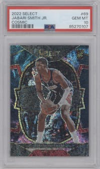 Jabari Smith Jr. from the 2022-23 Panini Select set featuring a Cosmic parallel graded by PSA and given an overall grade of 10.