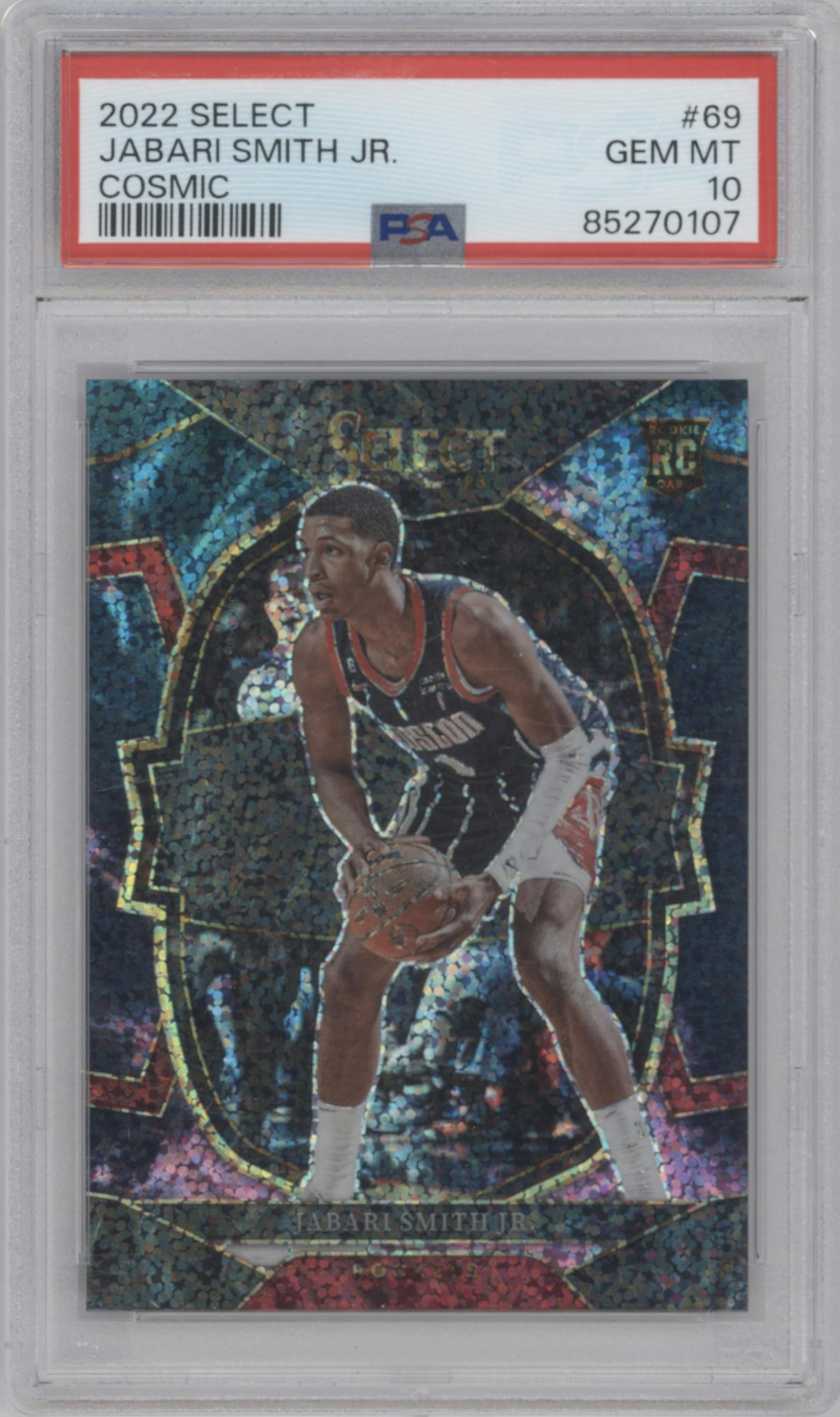 Jabari Smith Jr. from the 2022-23 Panini Select set featuring a Cosmic parallel graded by PSA and given an overall grade of 10.