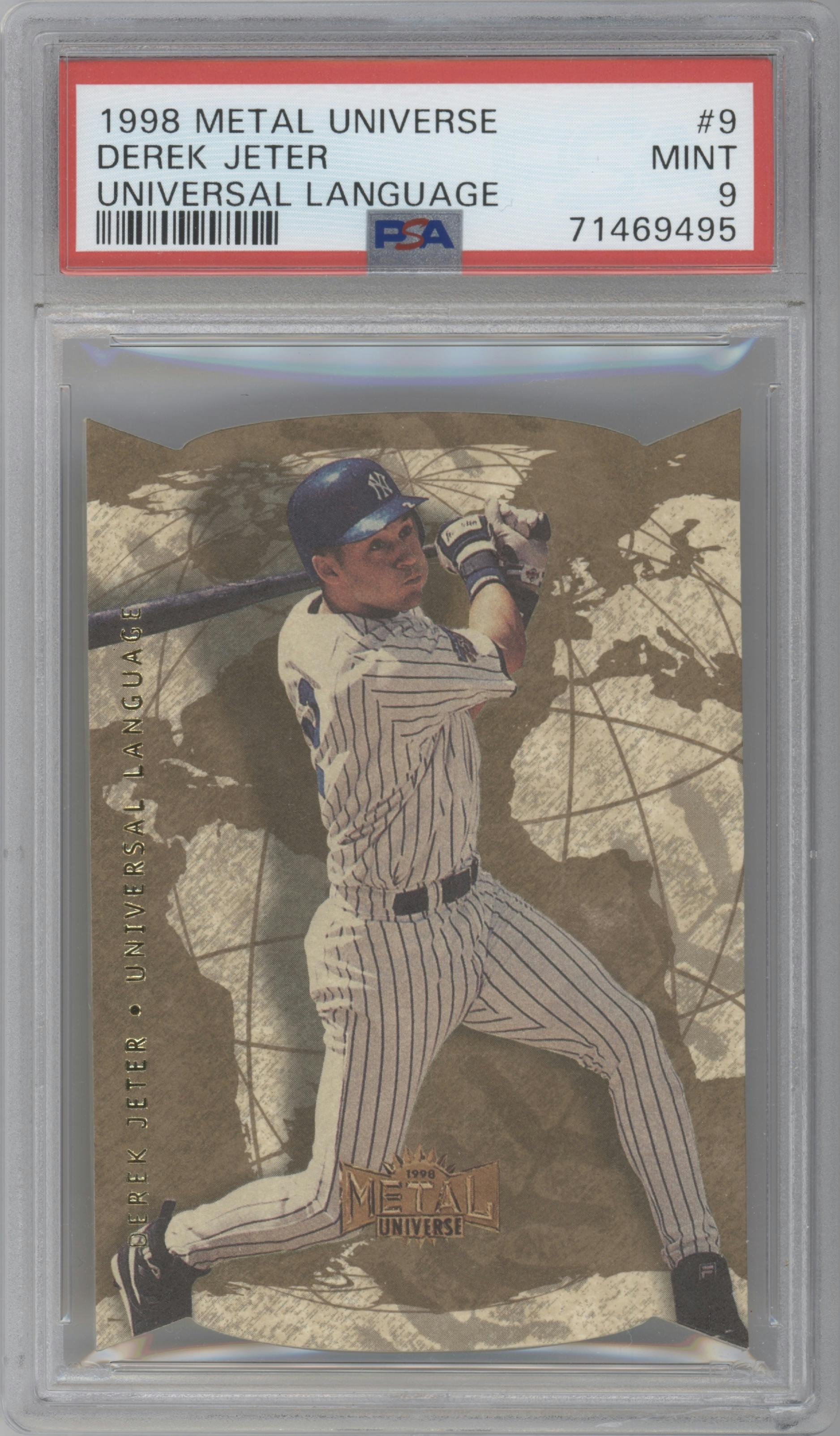 Derek Jeter from the 1998 Metal Universe set graded by PSA and given an overall grade of 9.