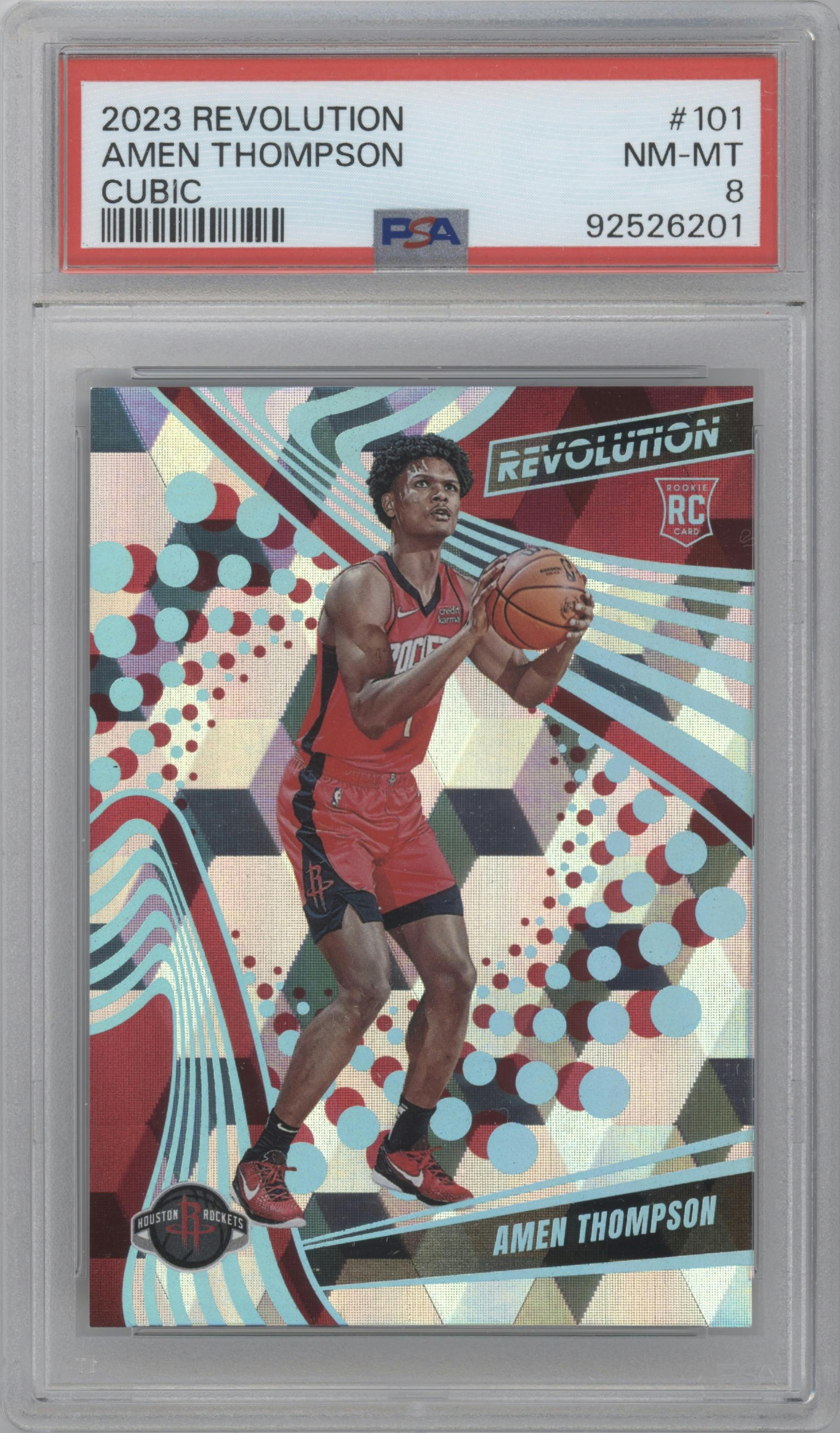 Amen Thompson from the 2023-24 Panini Revolution set featuring a Cubic parallel graded by PSA and given an overall grade of 8.