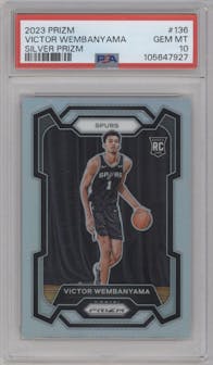 Victor Wembanyama from the 2023-24 Panini Prizm set featuring a Silver Prizm  parallel graded by PSA and given an overall grade of 10.