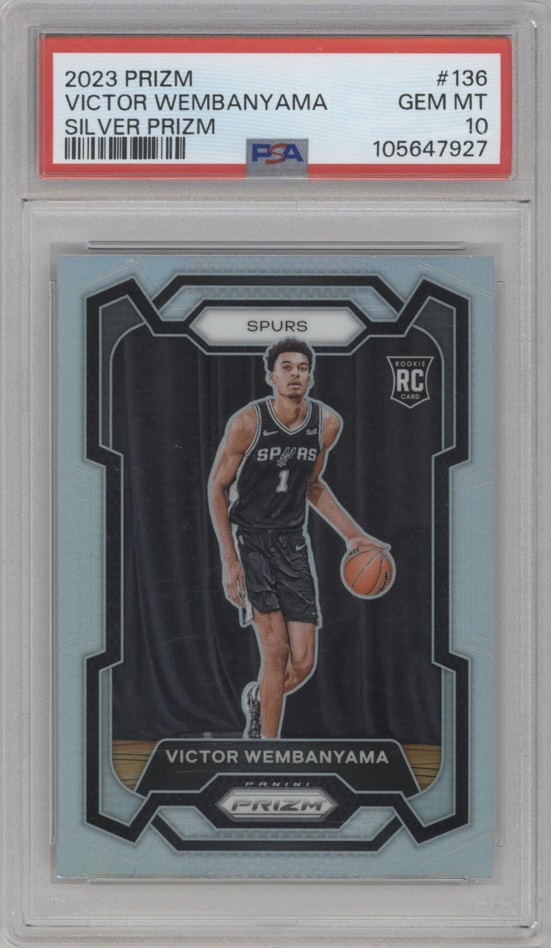 Victor Wembanyama from the 2023-24 Panini Prizm set featuring a Silver Prizm  parallel graded by PSA and given an overall grade of 10.