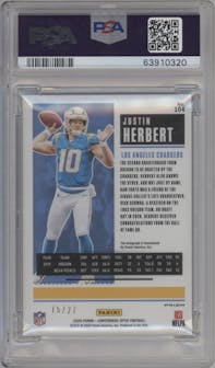 Justin Herbert from the 2020 Panini Contenders Optic set featuring a Green Pulsar parallel graded by PSA and given an overall grade of 9.