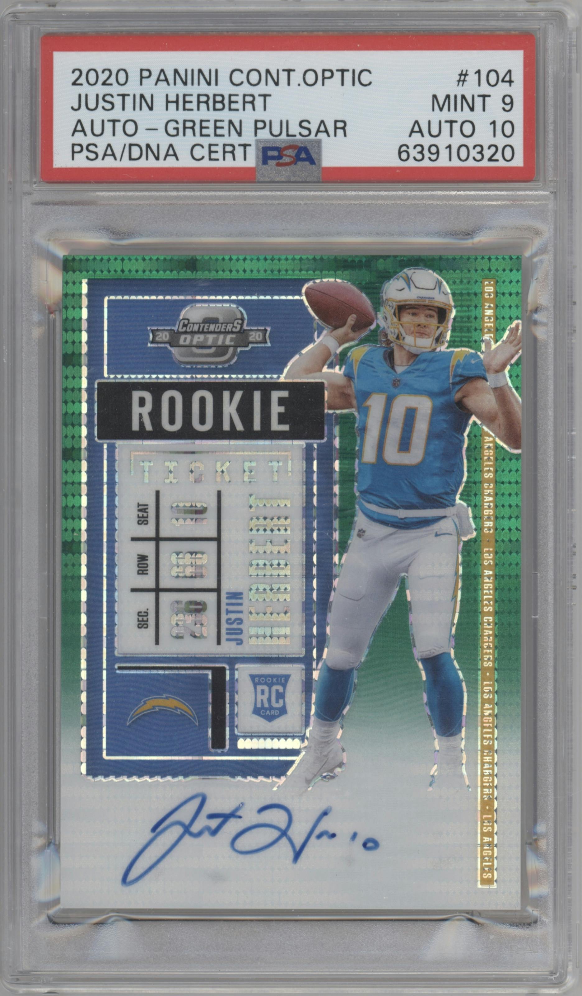 Justin Herbert from the 2020 Panini Contenders Optic set featuring a Green Pulsar parallel graded by PSA and given an overall grade of 9.