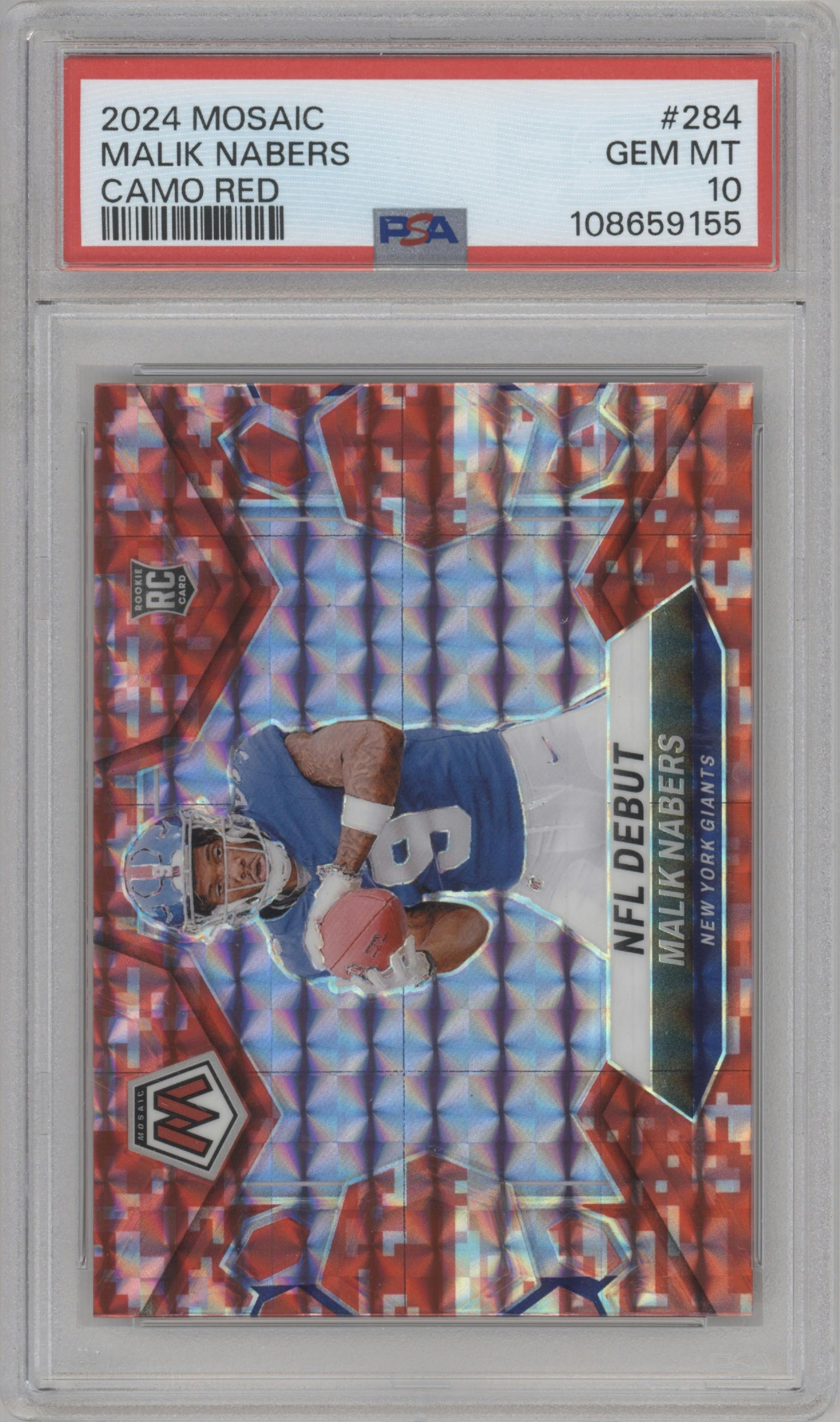 Malik Nabers from the 2024 Panini Mosaic set featuring a Red Camo parallel graded by PSA and given an overall grade of 10.