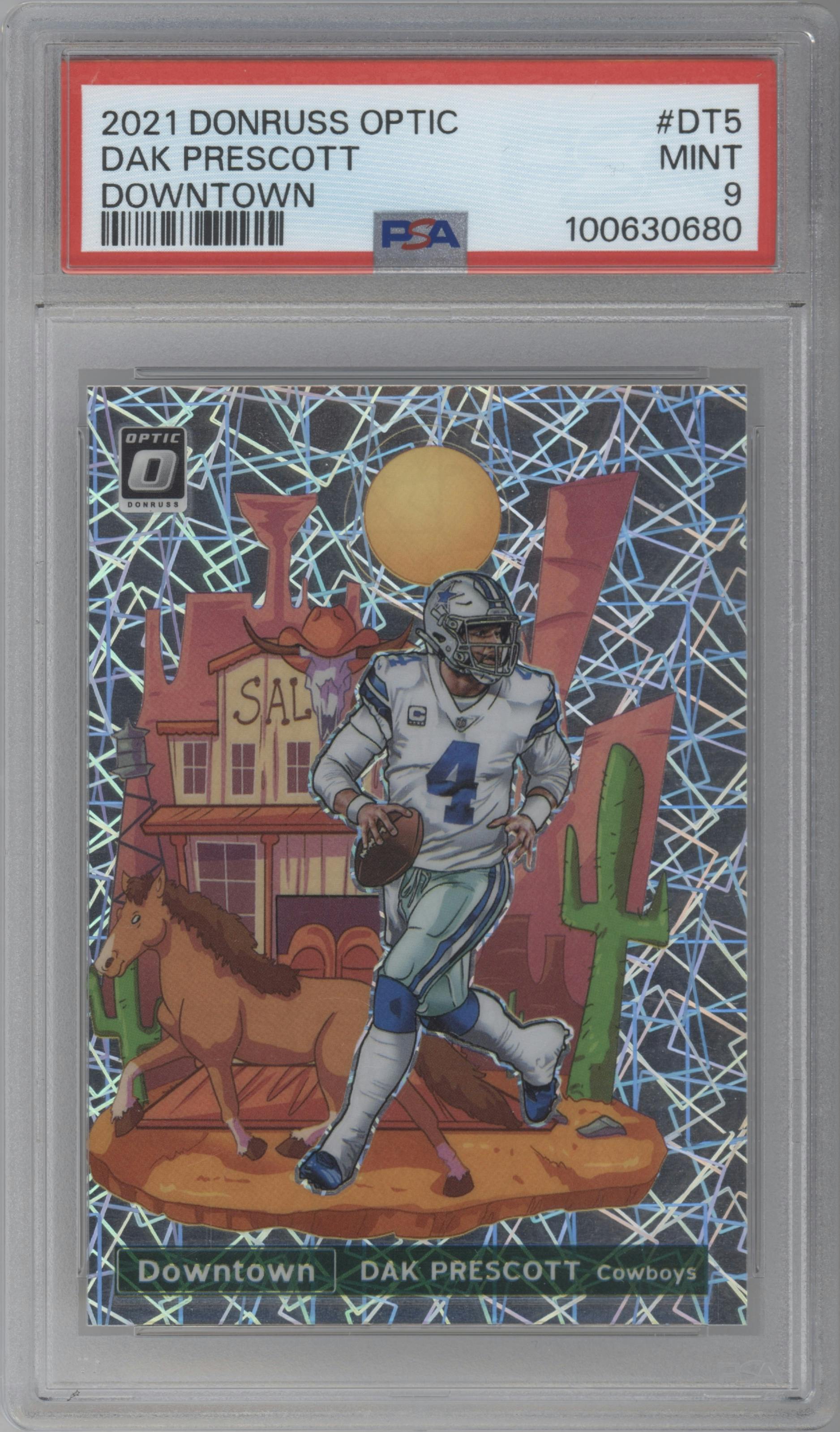 Dak Prescott from the 2021 Panini Donruss Optic set graded by PSA and given an overall grade of 9.