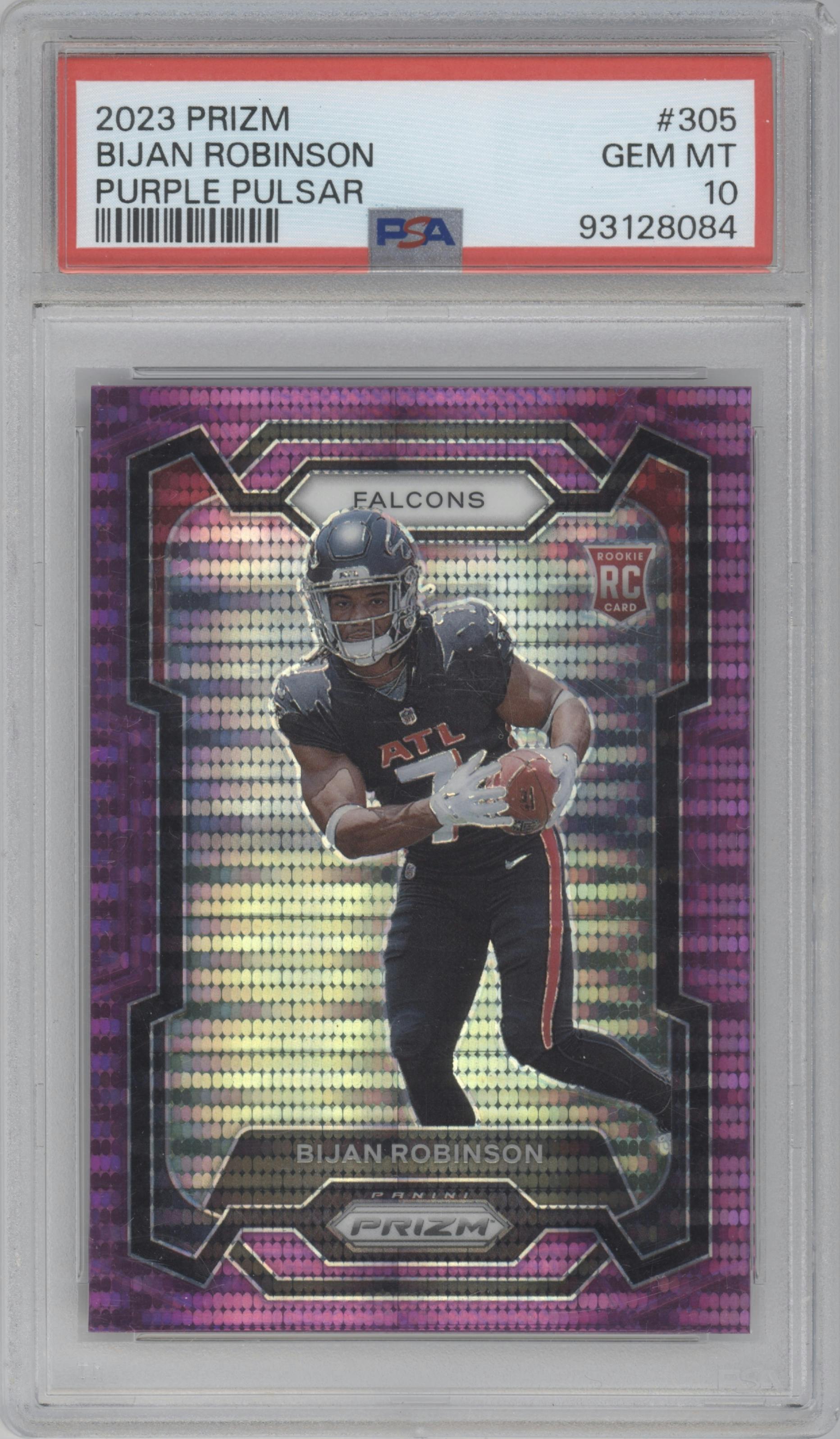 Bijan Robinson from the 2023 Panini Prizm set featuring a Purple Pulsar parallel graded by PSA and given an overall grade of 10.