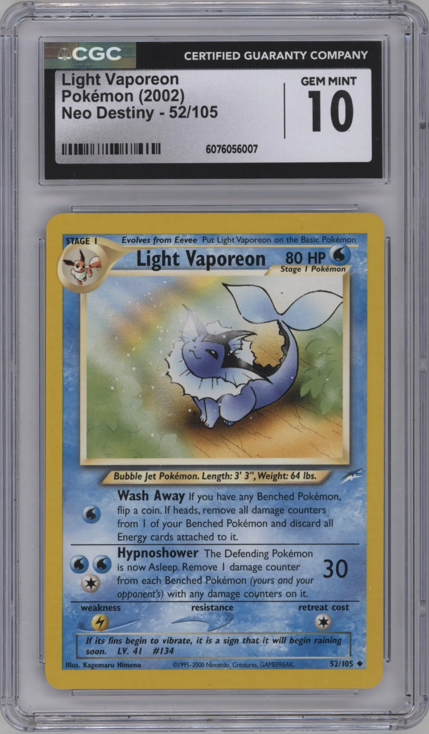 2002 Pokemon Neo Genesis Neo Destiny Light Vaporeon #52 CGC 10