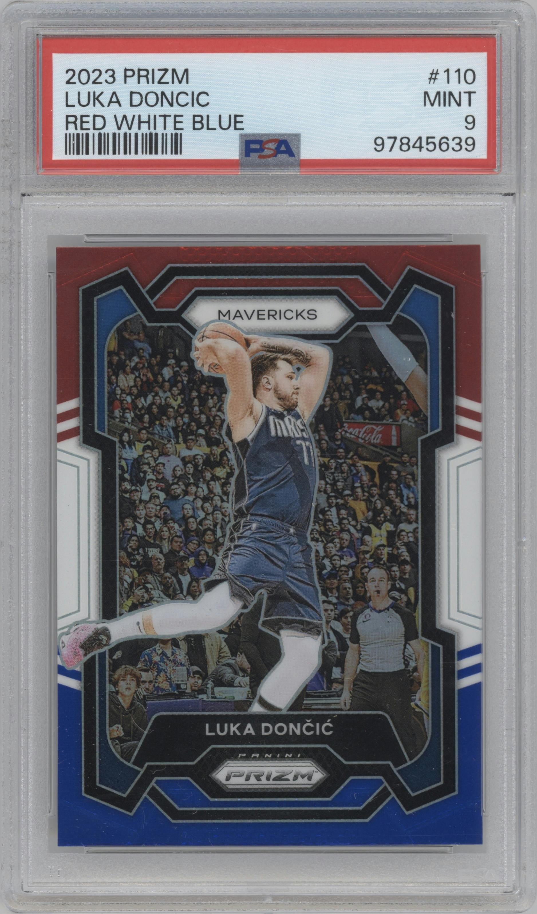 Luka Doncic from the 2023-24 Panini Prizm set featuring a Red White Blue Prizm parallel graded by PSA and given an overall grade of 9.