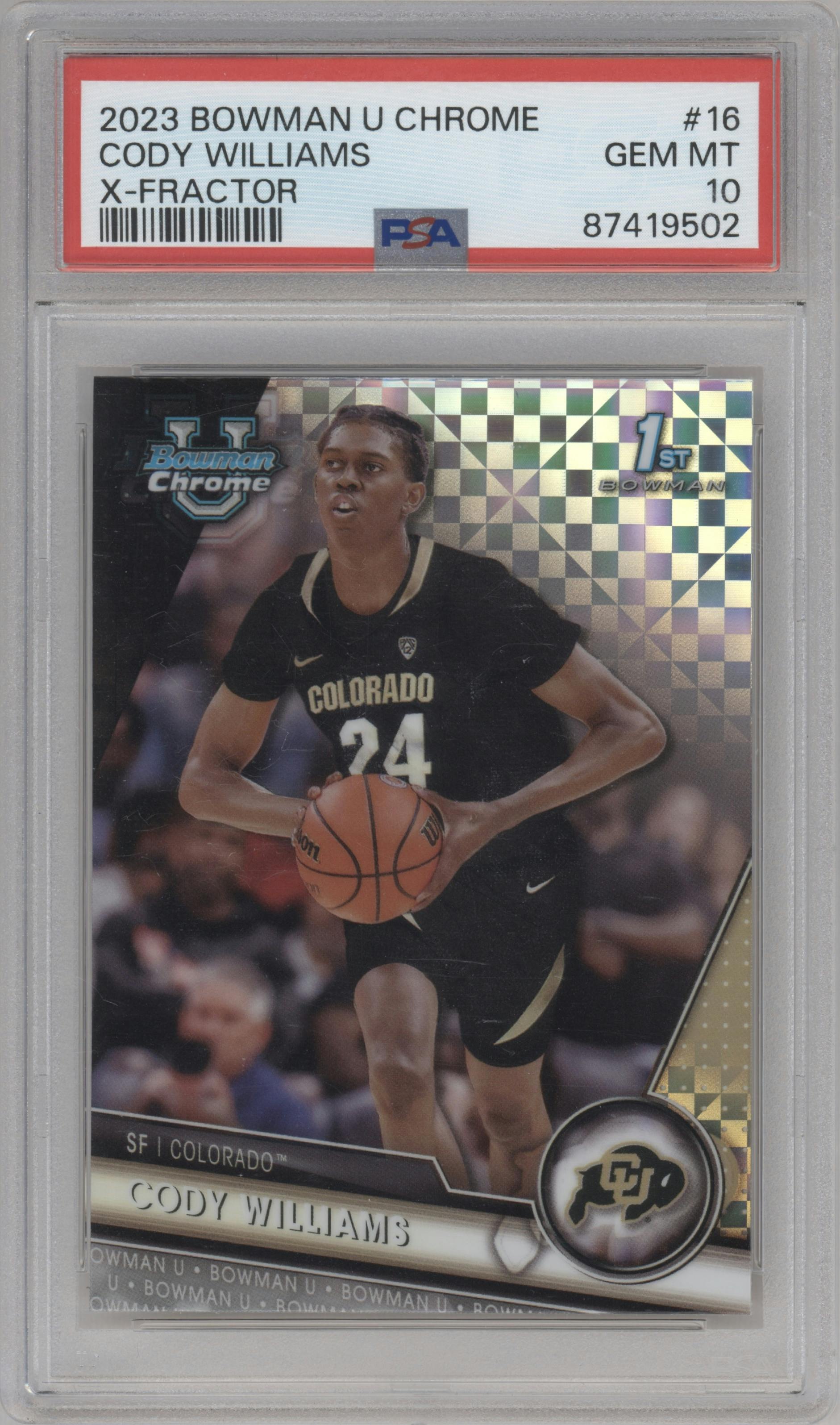 Cody Williams  from the 2023-24 Bowman U Chrome set featuring a X-Fractor parallel graded by PSA and given an overall grade of 10.