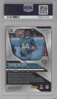 Travon Walker from the 2024 Panini Prizm set featuring a Choice Cherry Blossom Prizm parallel graded by PSA and given an overall grade of 8.
