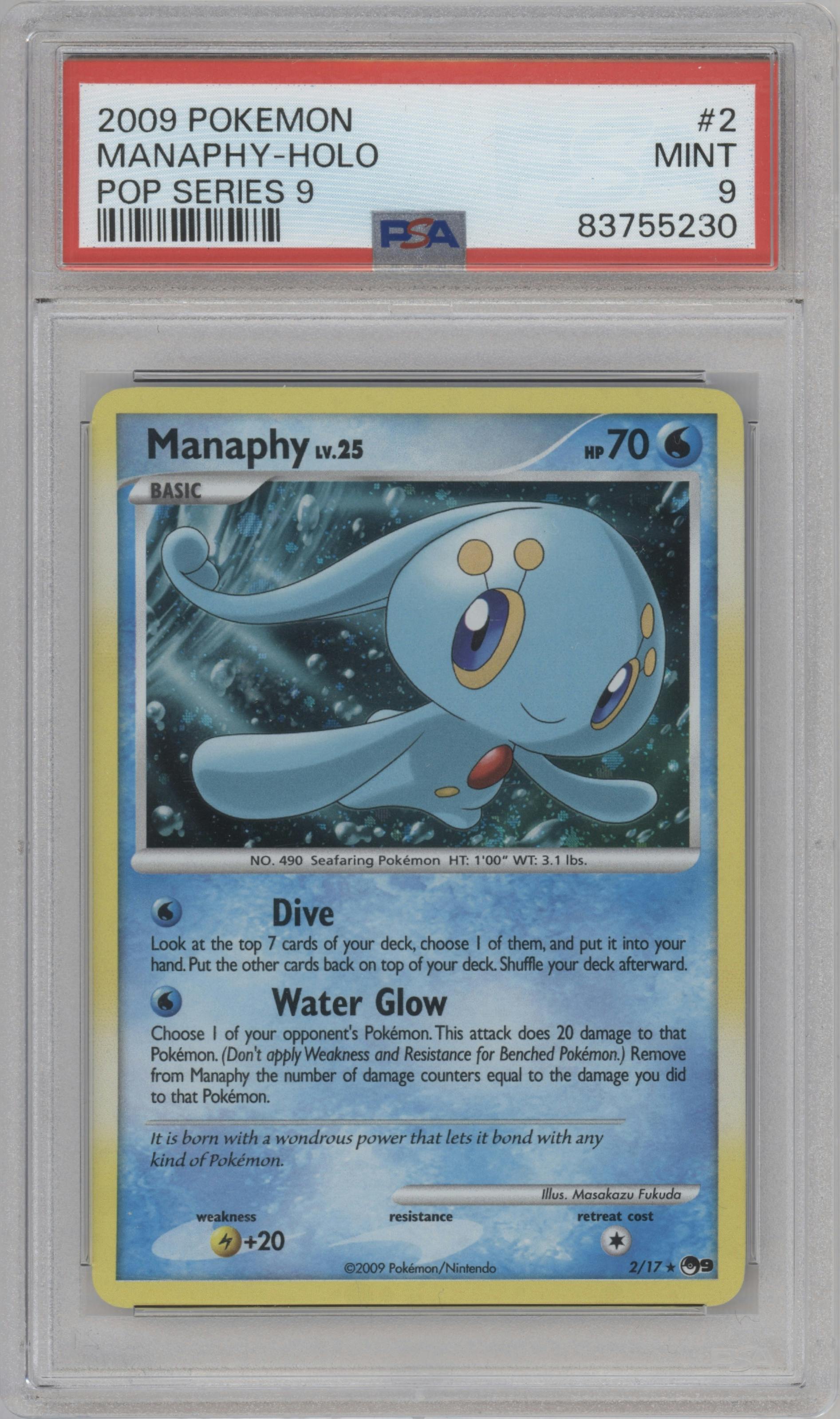 Manaphy from the 2009 Pokemon set graded by PSA and given an overall grade of 9.