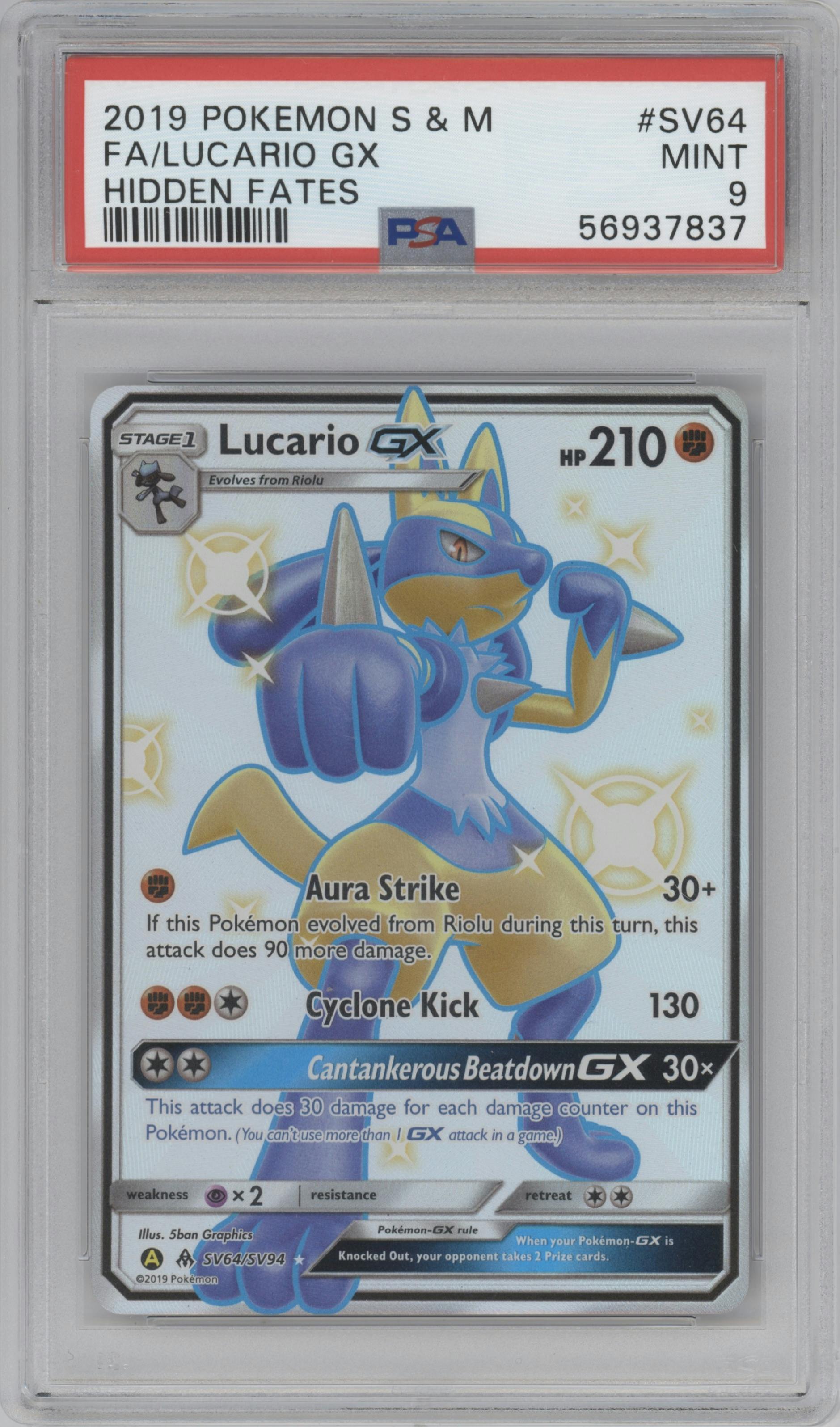 Lucario GX from the 2019 Pokemon S&M  set graded by PSA and given an overall grade of 9.