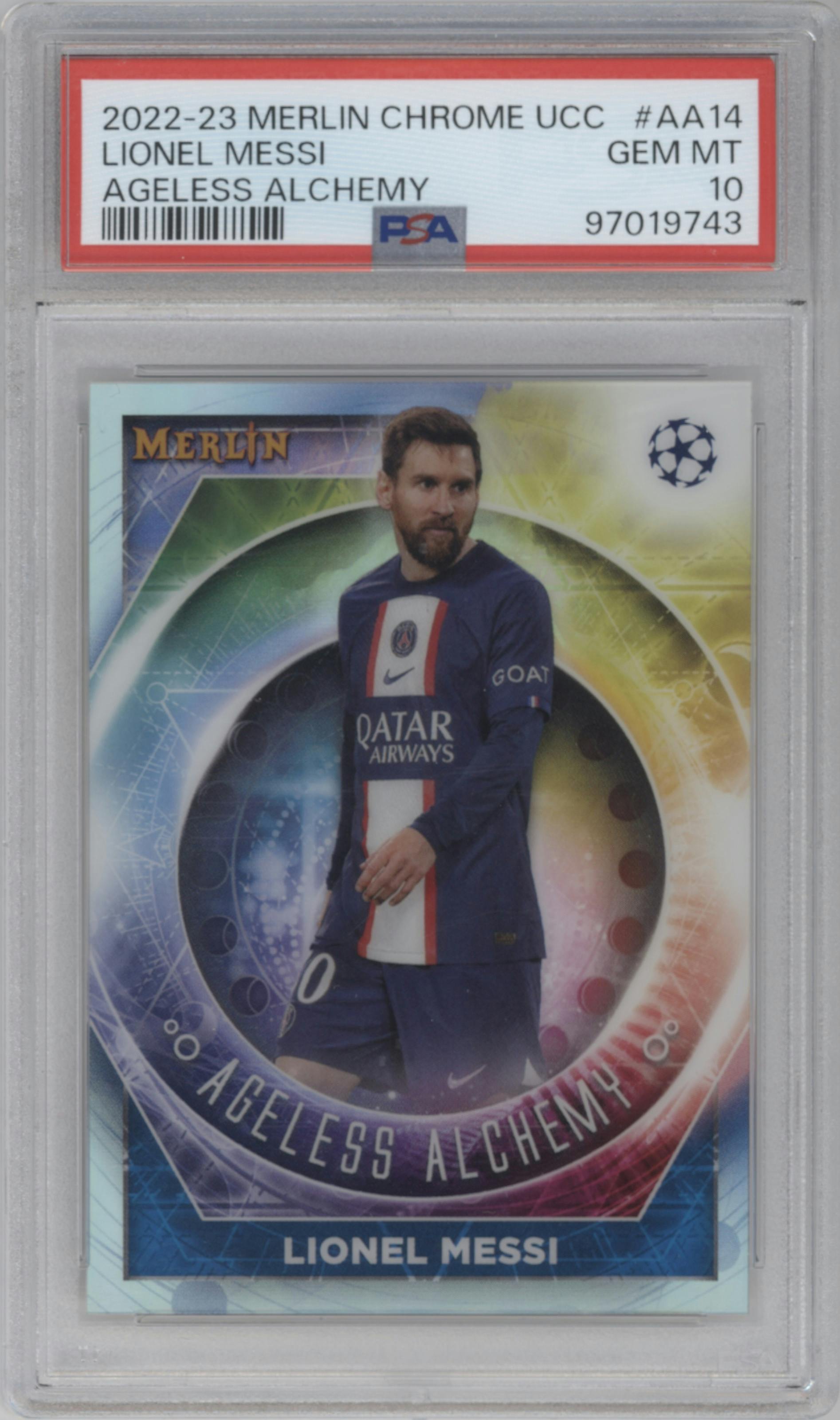Lionel Messi  from the 2022-23 Topps Merlin Chrome UEFA League set graded by PSA and given an overall grade of 10.