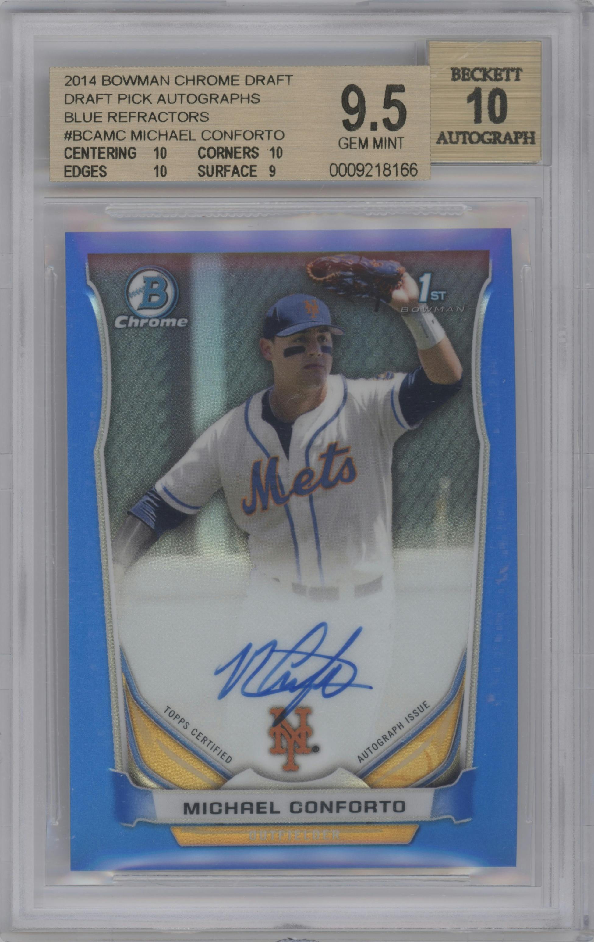 Michael Conforto from the 2014 Bowman Draft  set featuring a Blue Refractor parallel graded by Beckett and given an overall grade of 9.5.