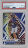 Lamar Jackson from the 2020 Panini Phoenix set featuring a Fire Burst parallel graded by PSA and given an overall grade of 8.